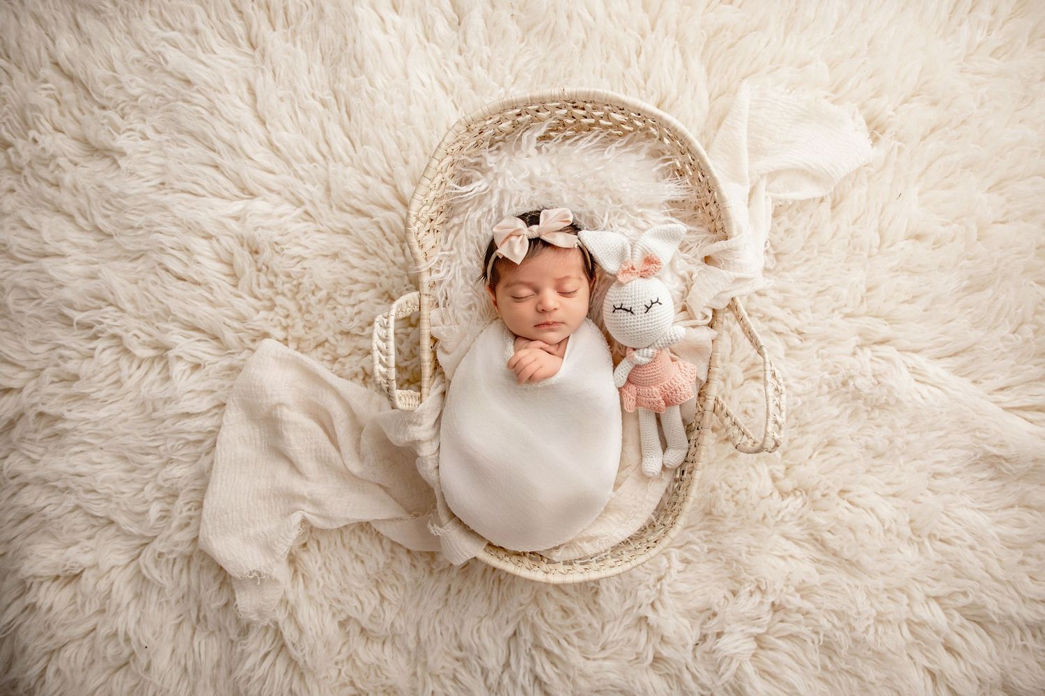 Newborn shoot with baby wrapped in basket setup and soft toy for newborn photography session