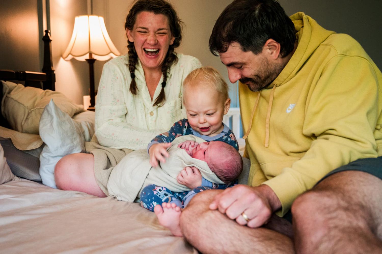 Family members share a heartwarming moment with a newborn baby in a series of connected images.