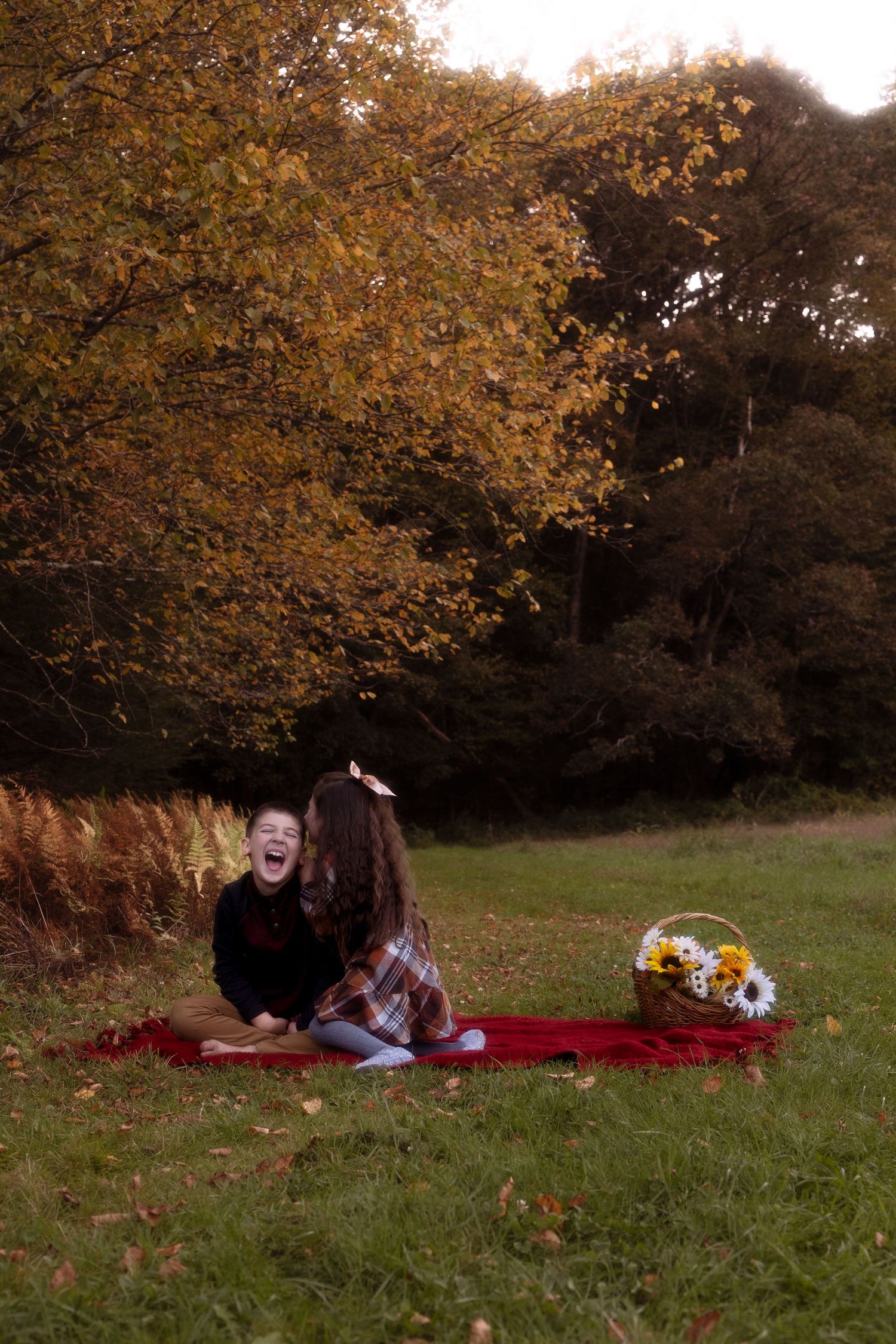 A person lounges on a red blanket in an autumn field surrounded by trees with golden foliage at sunset.