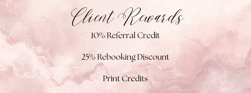 Pink gradient banner with text showing loyalty rewards and referral discounts against a soft textured background.