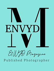 Teal blue banner design with black text and logo elements for ENVYD Magazine and Published Photographer.
