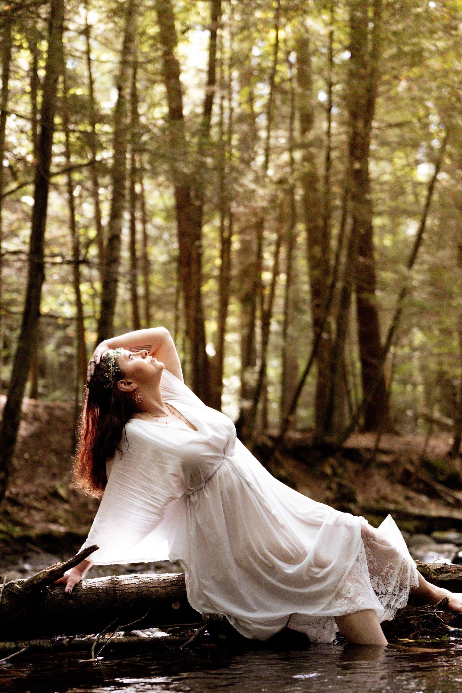Moody forest scene with figure in flowing white dress reclining on fallen log in ethereal woodland setting.
