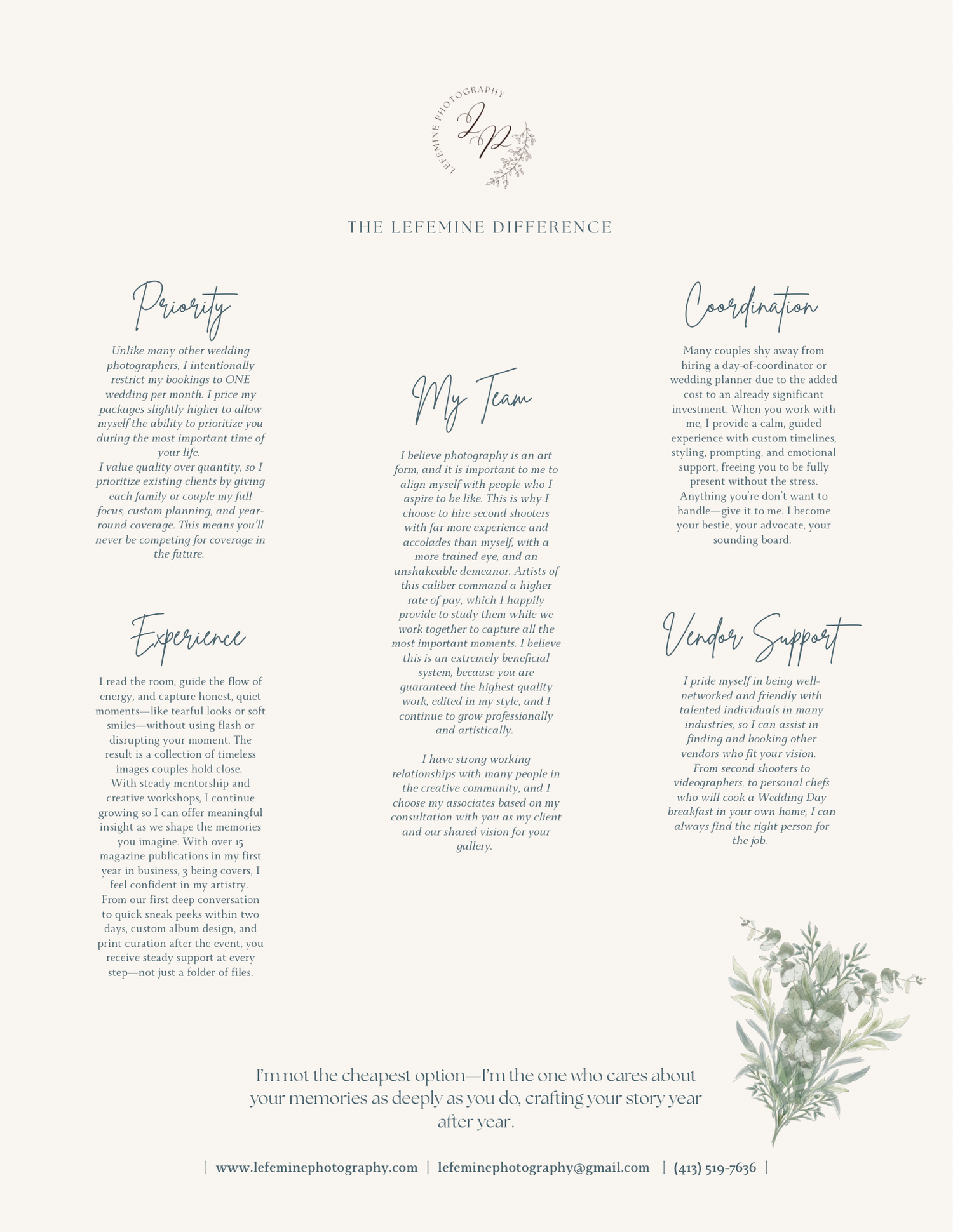 A minimalist wedding service menu layout with elegant typography and a delicate floral illustration in the corner.