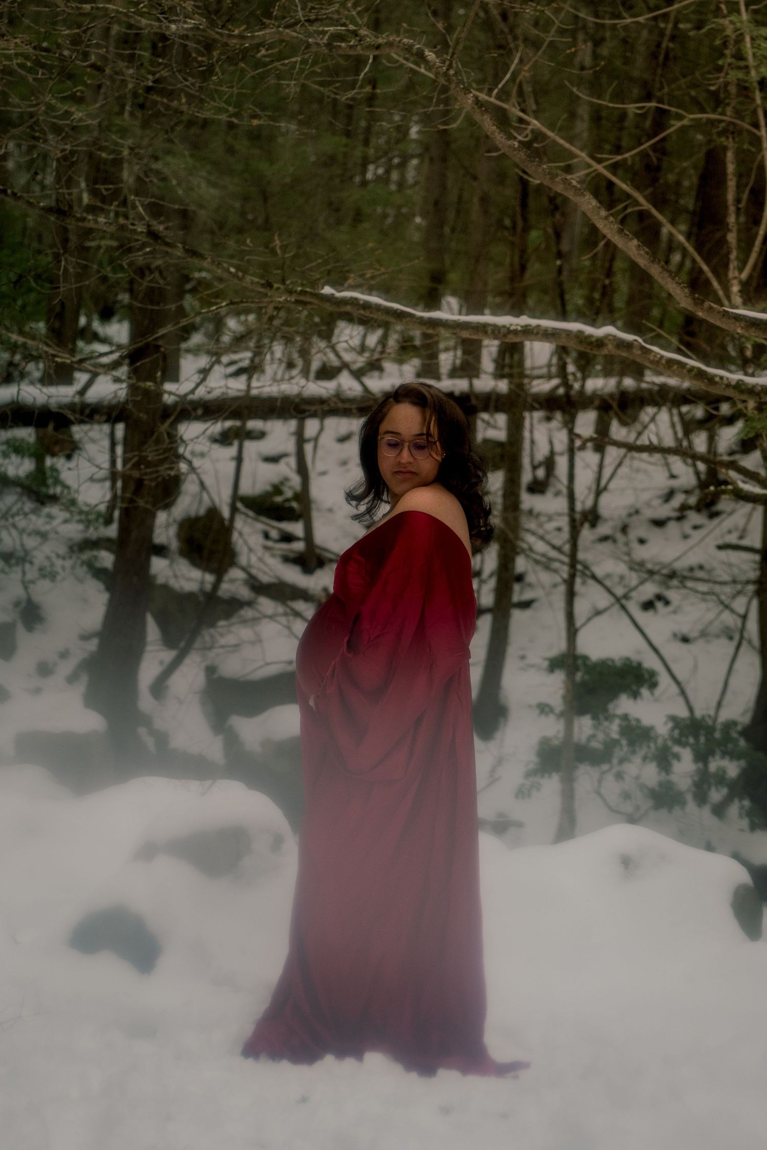 A figure in a flowing red cloak stands mysteriously in a snowy winter forest setting.