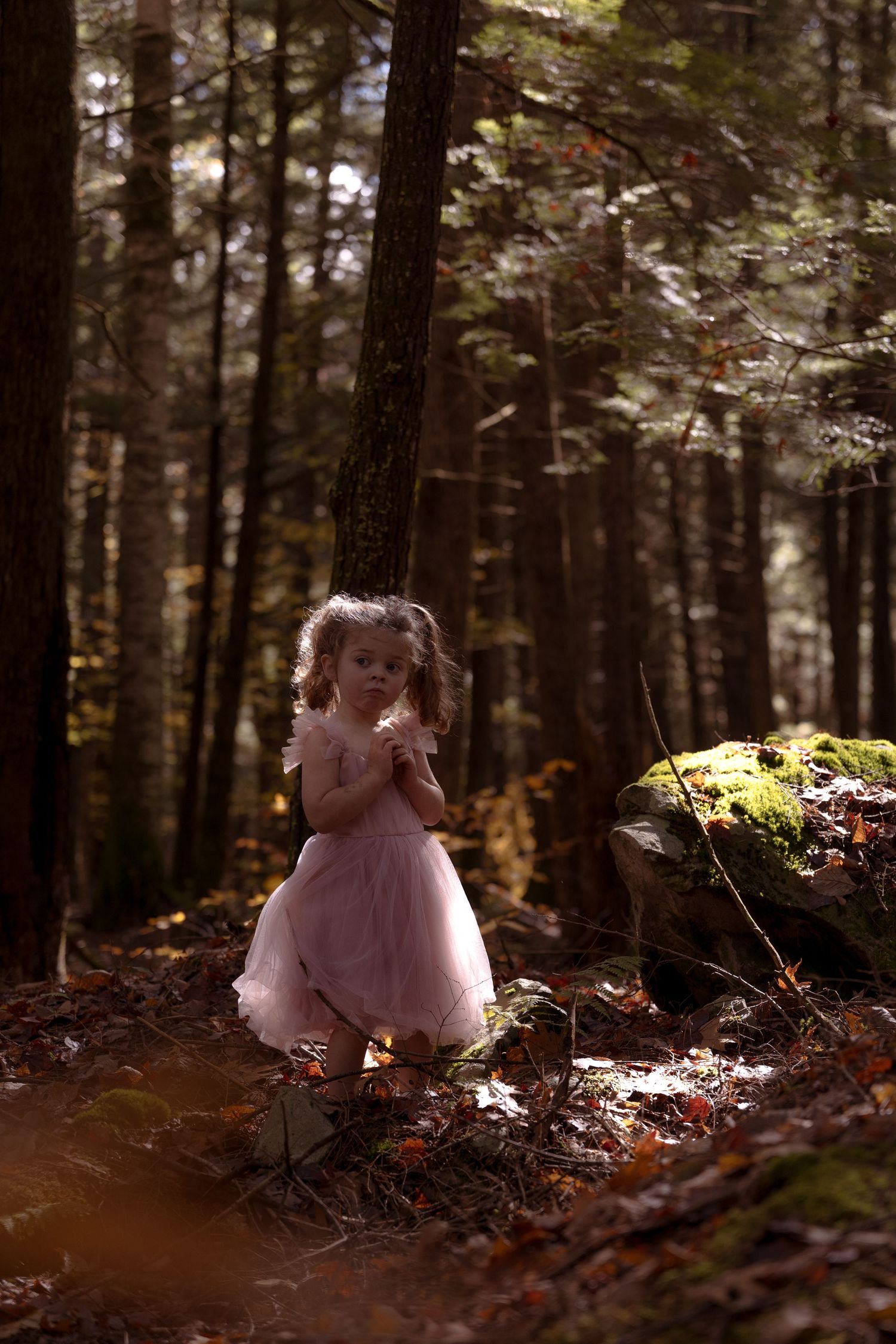 A series of four dreamy forest photos showing a figure in a pink dress sitting among fallen leaves and dappled sunlight.