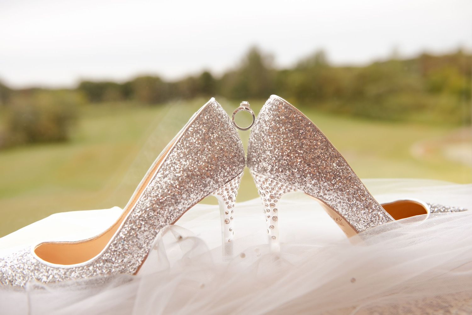 Silver glitter bridal heels arranged artistically on white tulle against natural backdrop.