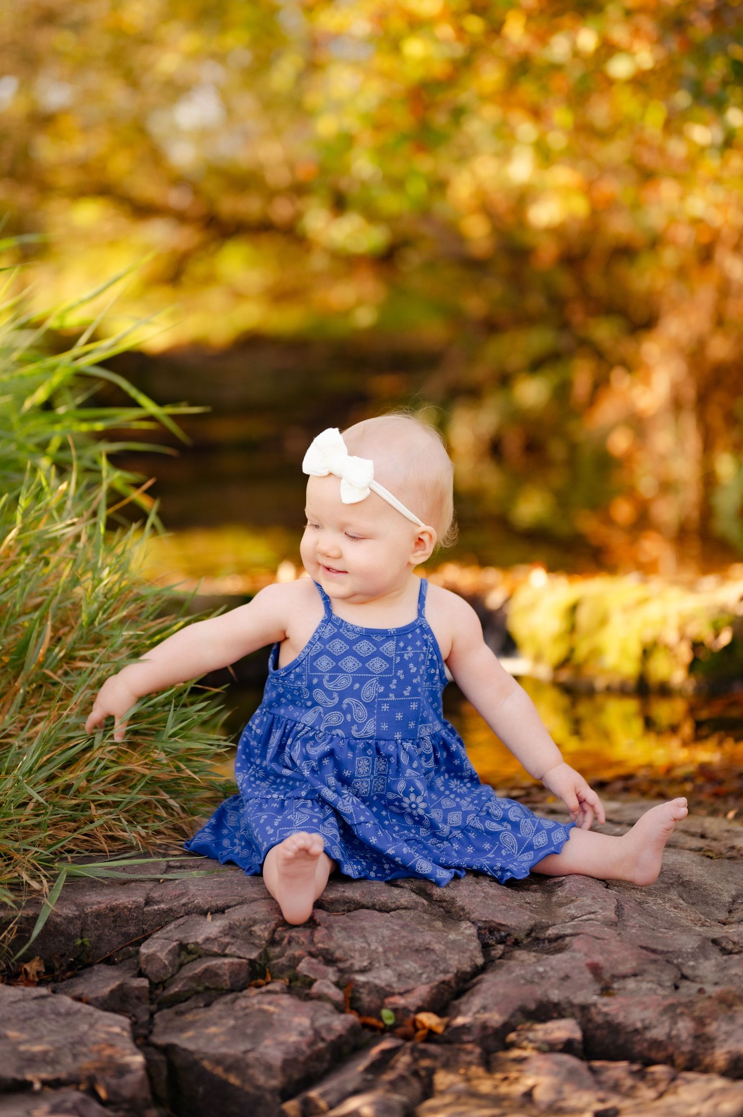 Baby in blue dress sits on rocks surrounded by golden autumn foliage.