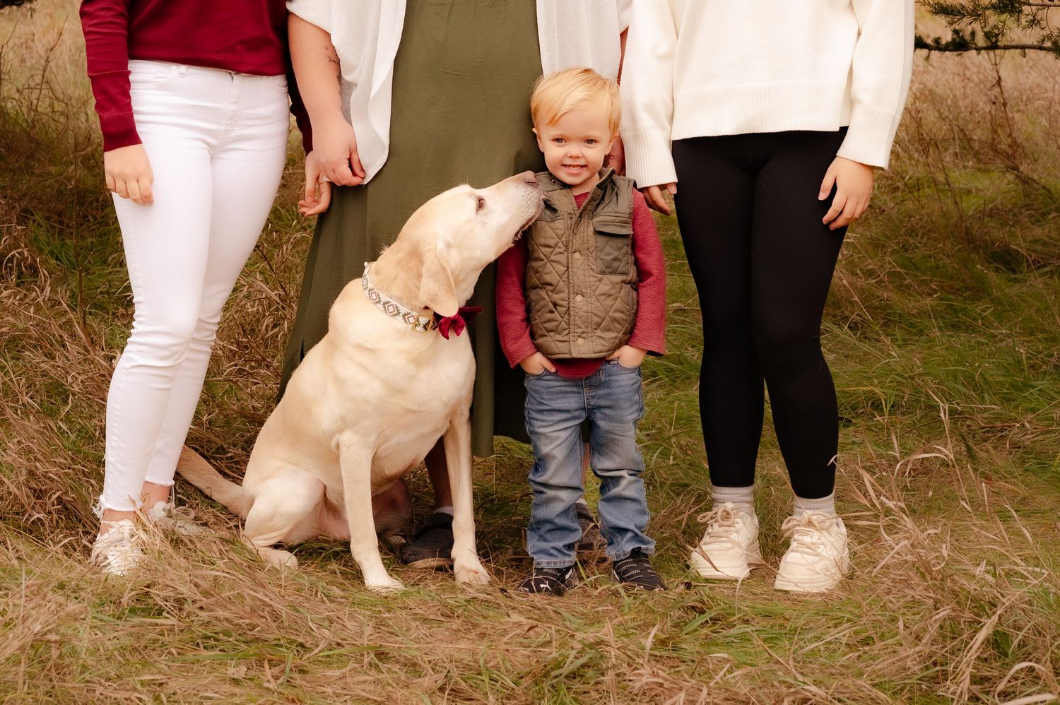 A small child stands between two adults outdoors with a friendly yellow Labrador retriever beside them.