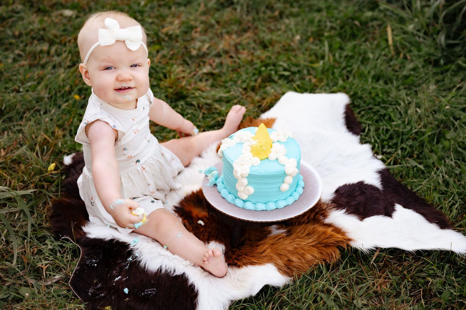 Birthday celebration with blue cake on cowhide blanket in outdoor garden setting.