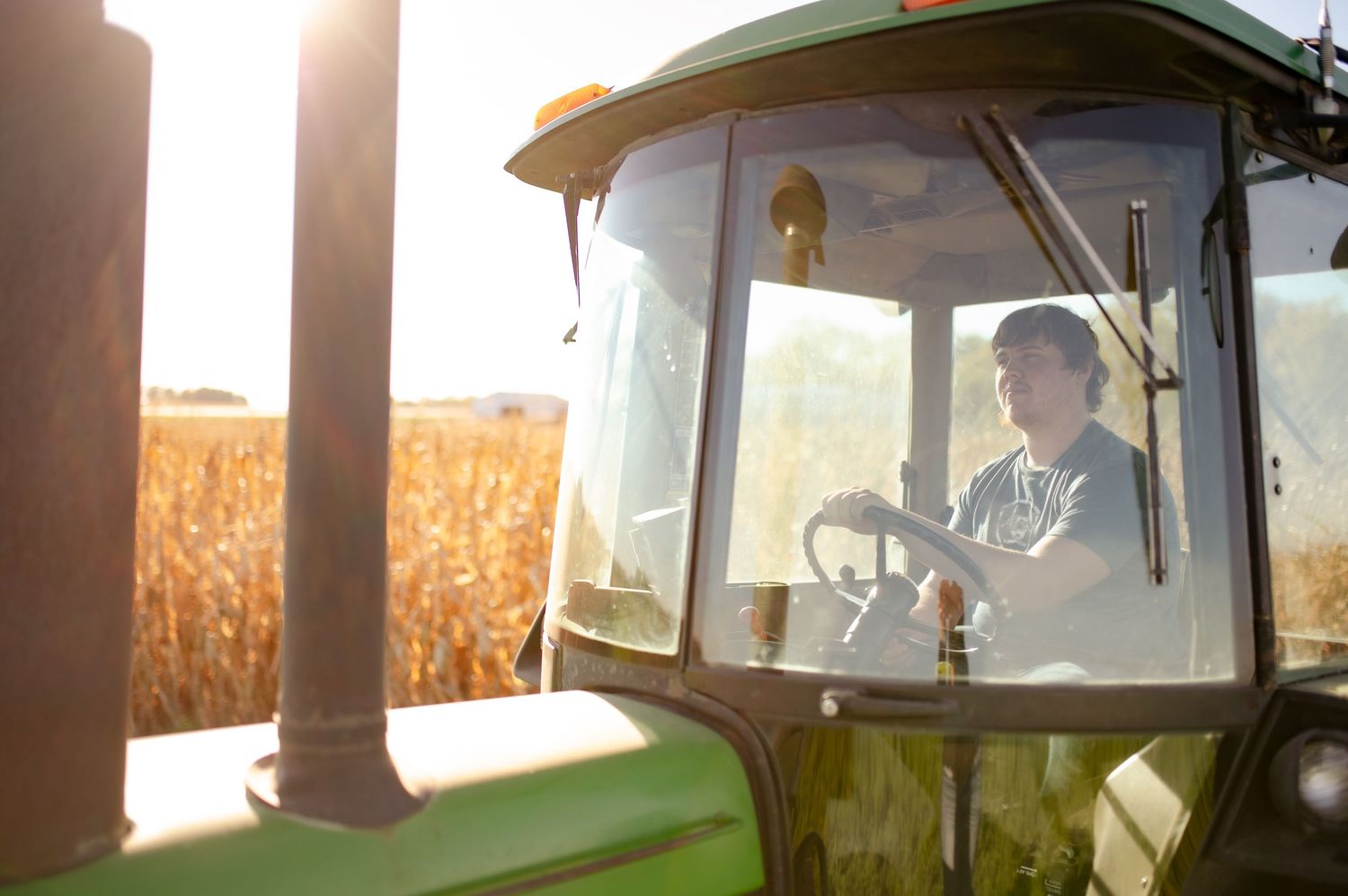 Farmer driving a combine harvester through golden cornfields at sunset with dramatic lighting.