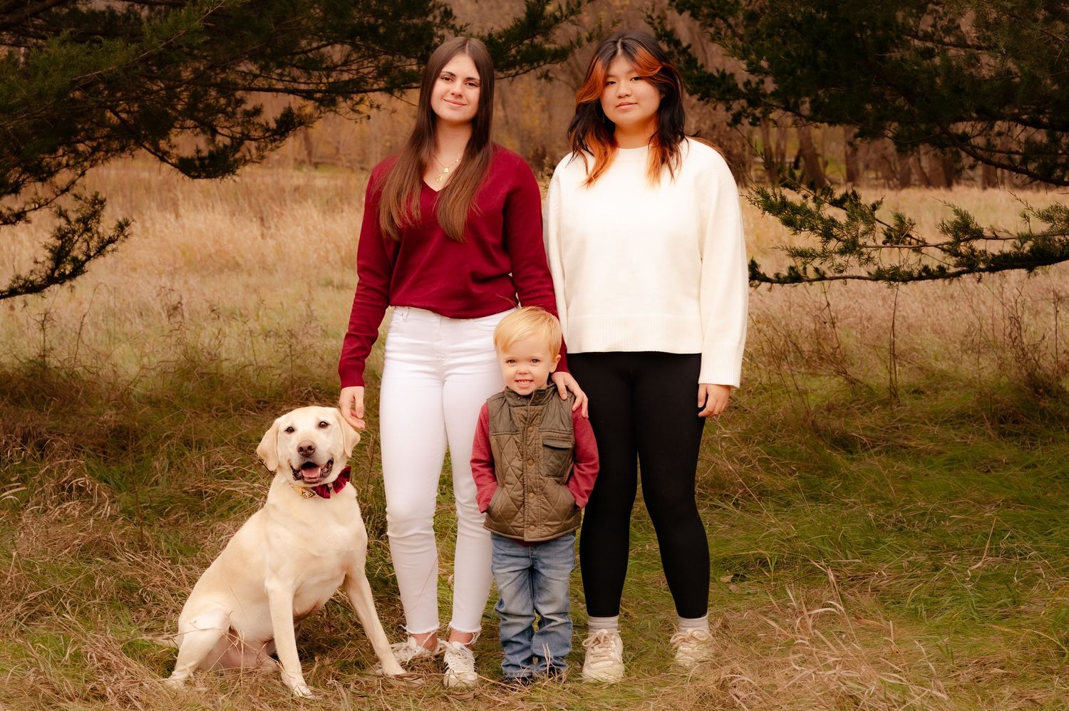 A yellow Labrador retriever stands in a golden field during autumn as people pose together for outdoor family photos.