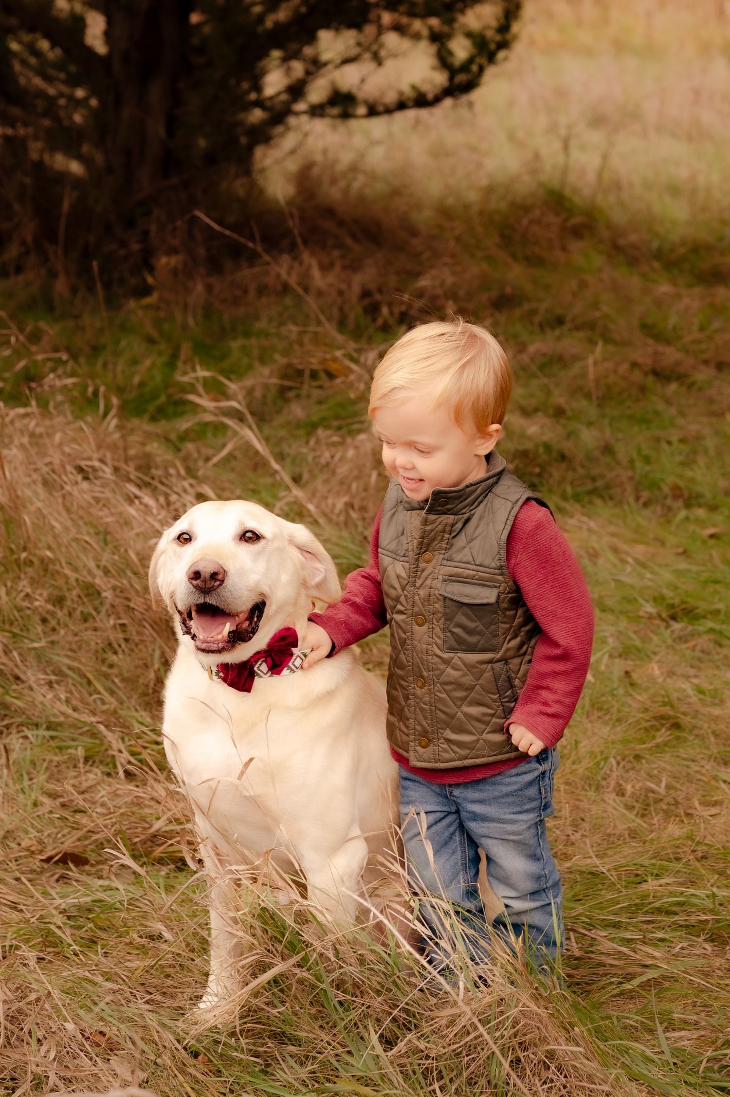 A young child and a happy yellow Labrador retriever play together in a grassy field on an autumn day.