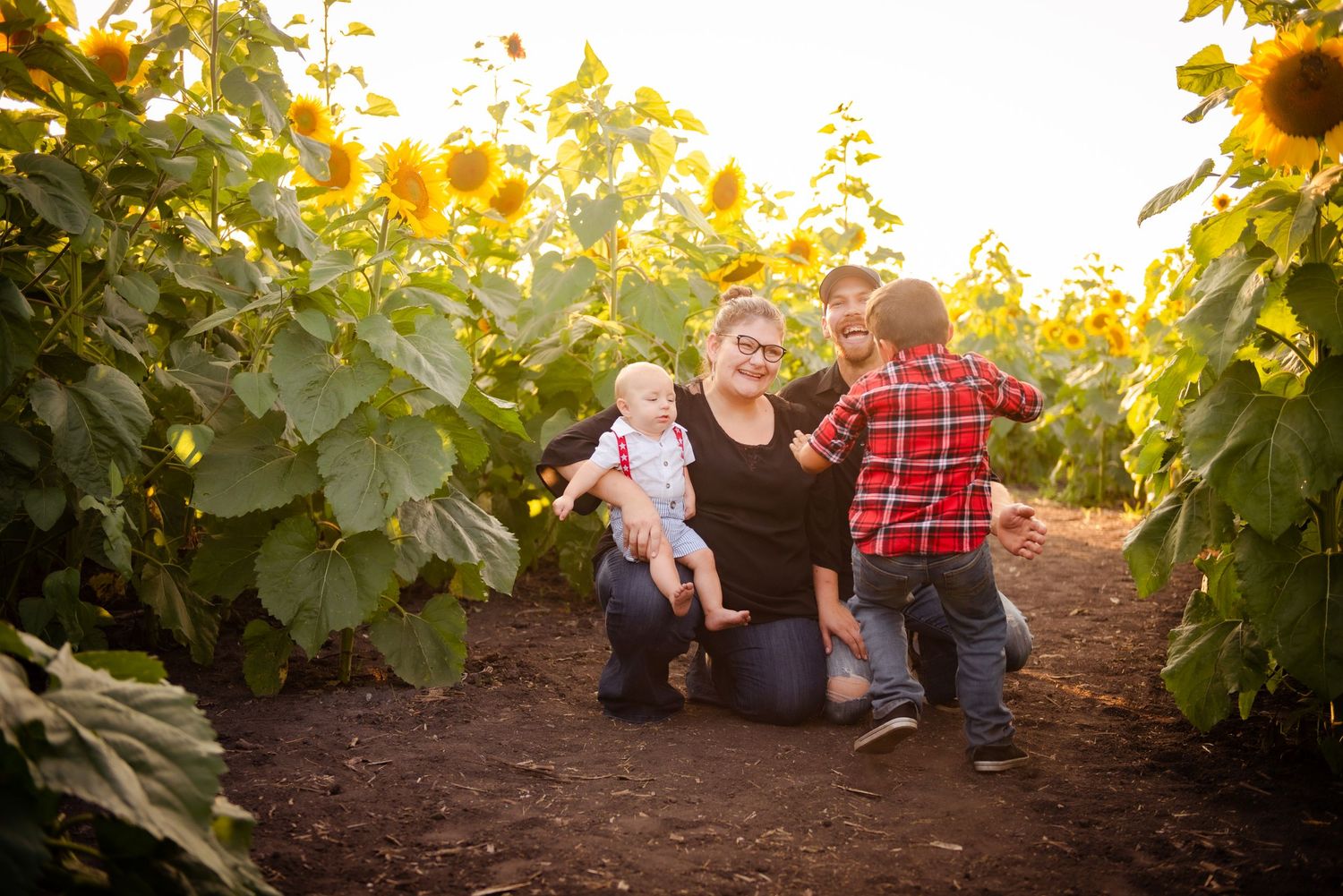 Family enjoying precious moments together in a sunflower field at sunset.