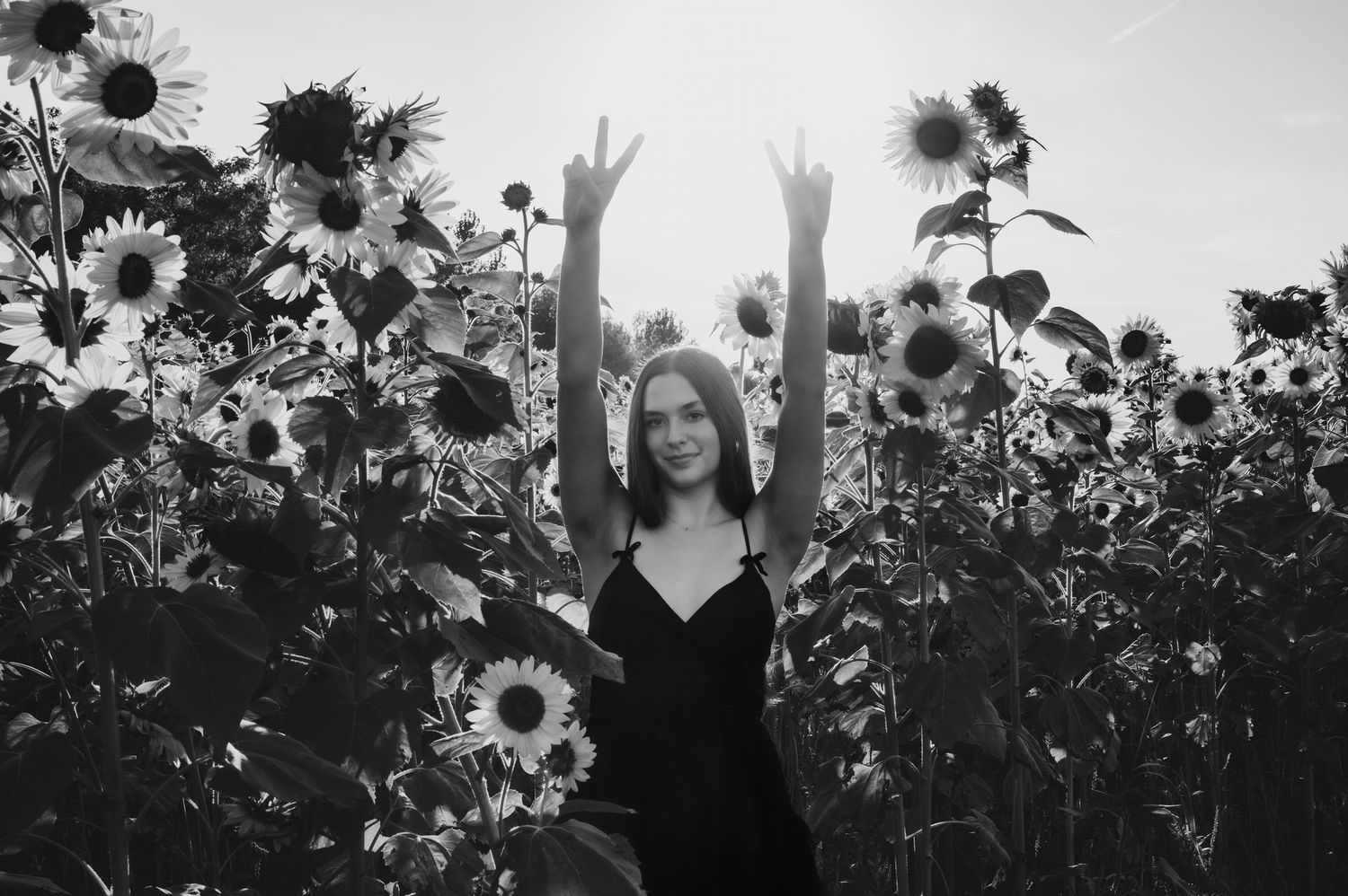 A black and white photo series shows a person posing playfully among tall blooming sunflowers in a garden.