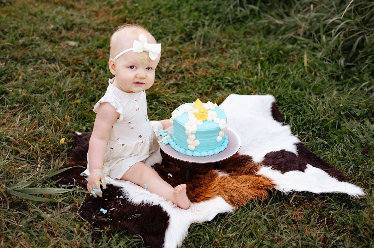 First birthday celebration with blue cake set on cowhide rug in grassy outdoor setting.