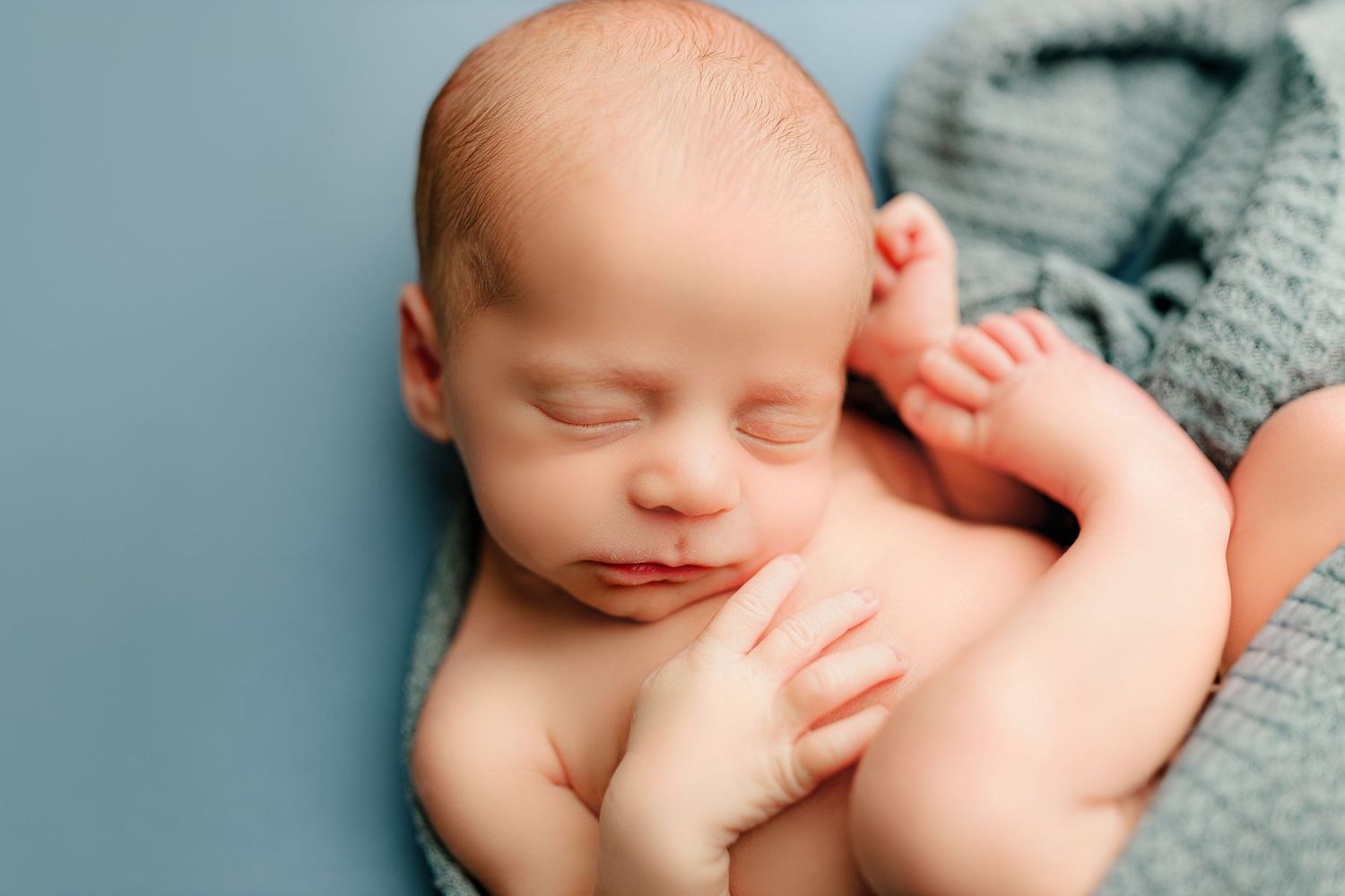 Baby boy posed on blue background for timeless baby led photo in Indianapolis