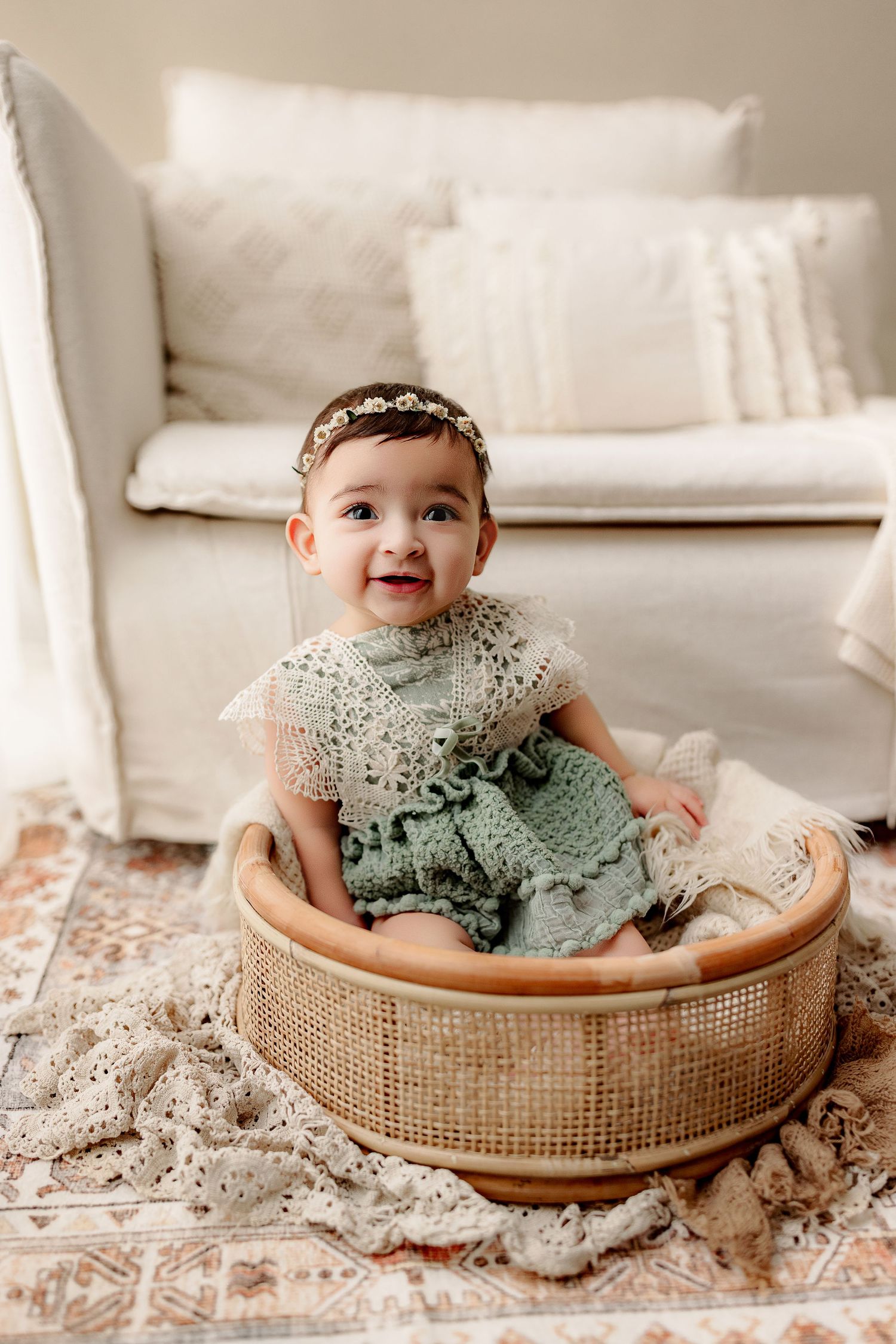 baby girl in basket baby milestone photoshoot studio indianapolis