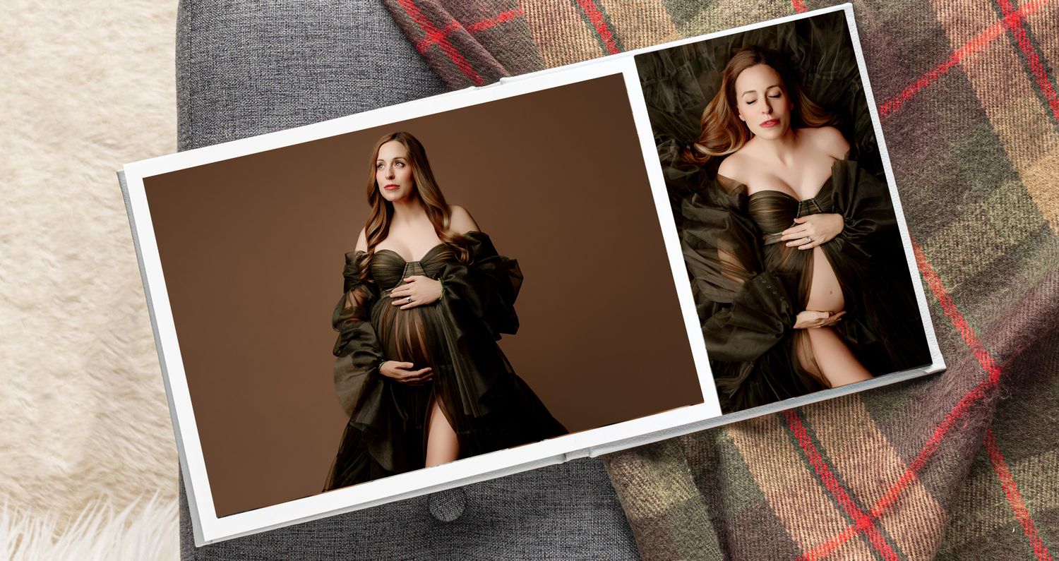 Open photo album showing two images of a pregnant woman in an olive green dress, one with her standing and the other of her laying down