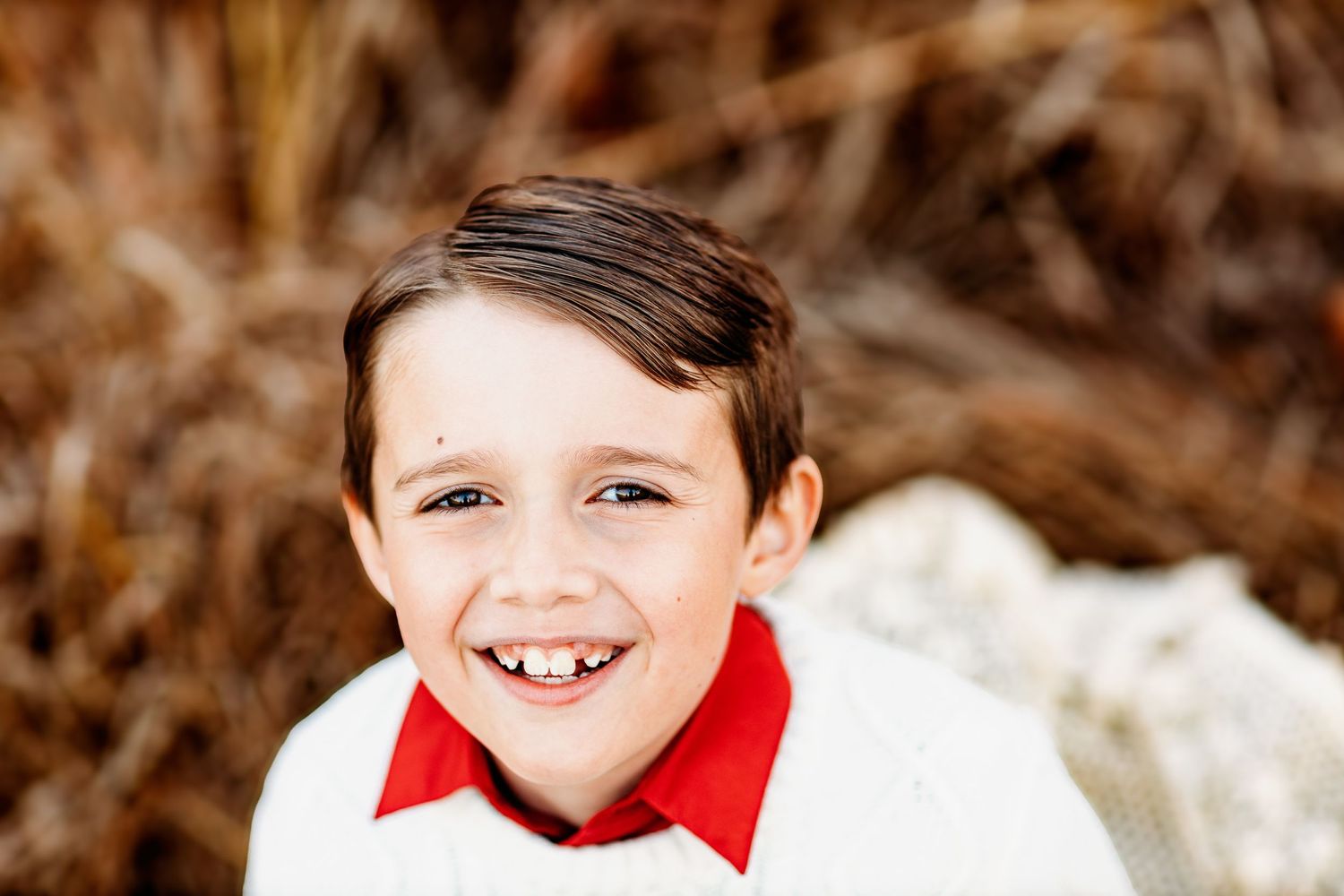 A young boy with brown hair smiles warmly, wearing a white sweater over a red collared shirt. The background features soft-focus autumn tone