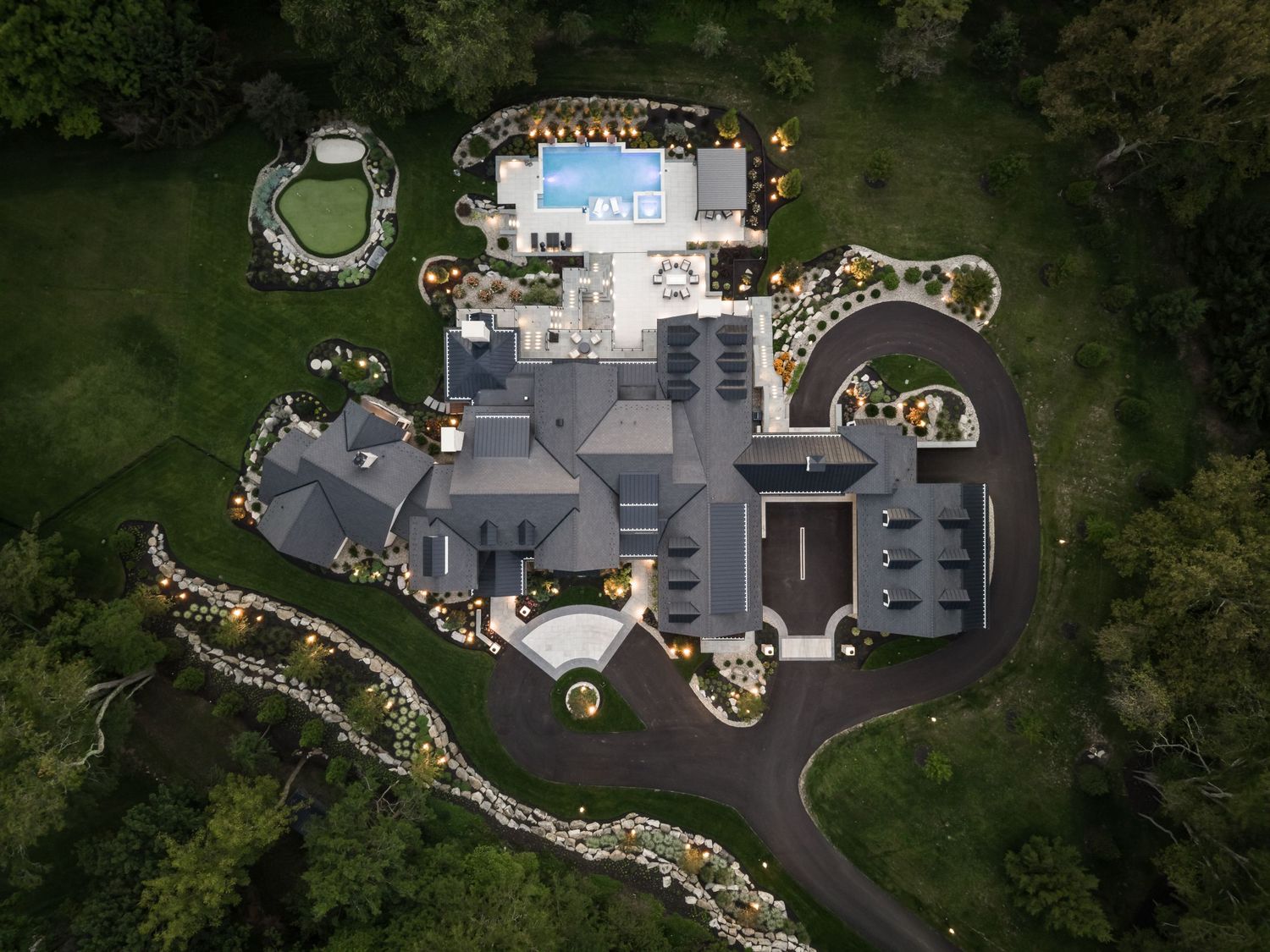 Top down drone shot of a luxury multi-million dollar home in Saucon Valley.