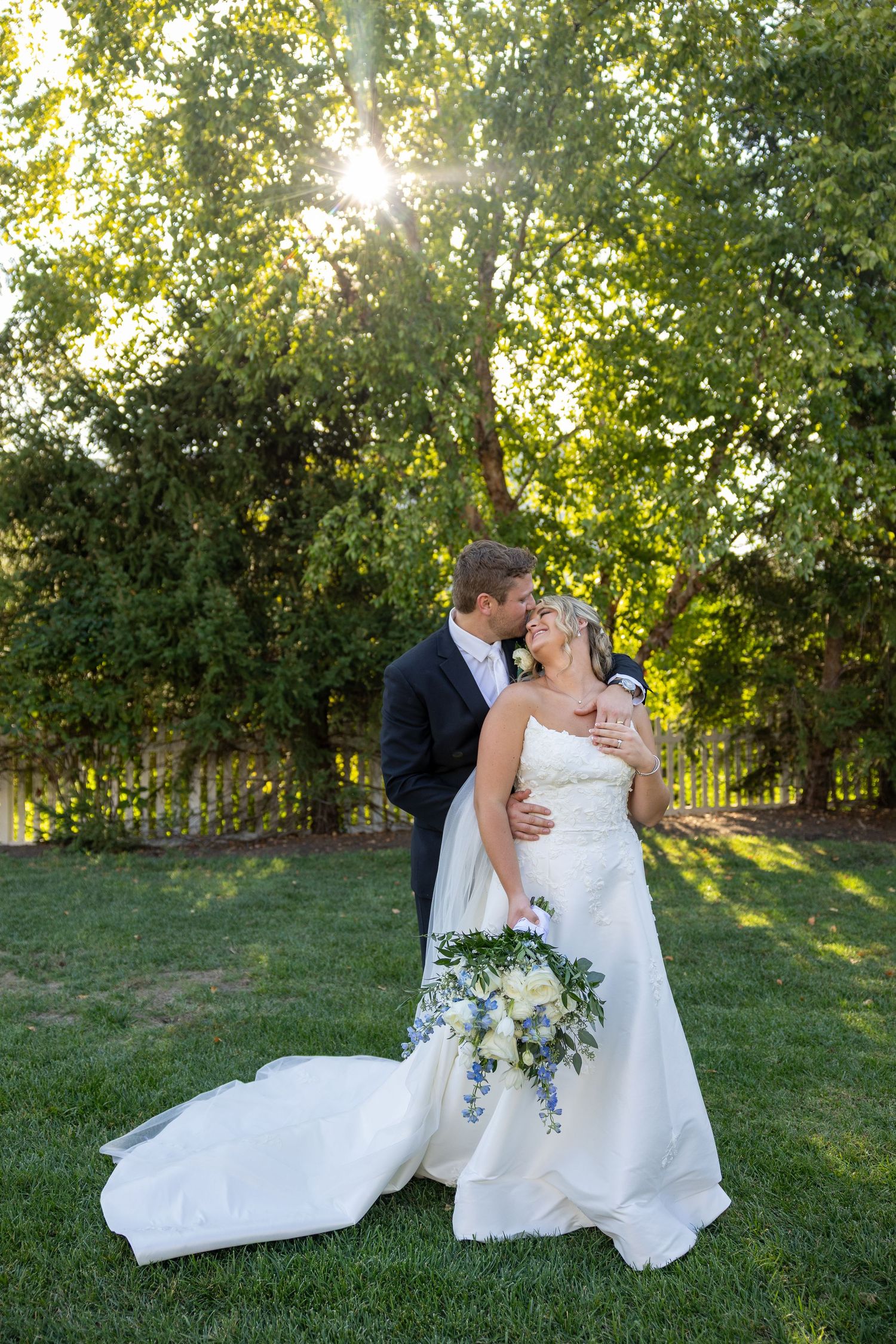 A romantic wedding photoshoot sequence in a sunlit garden setting.