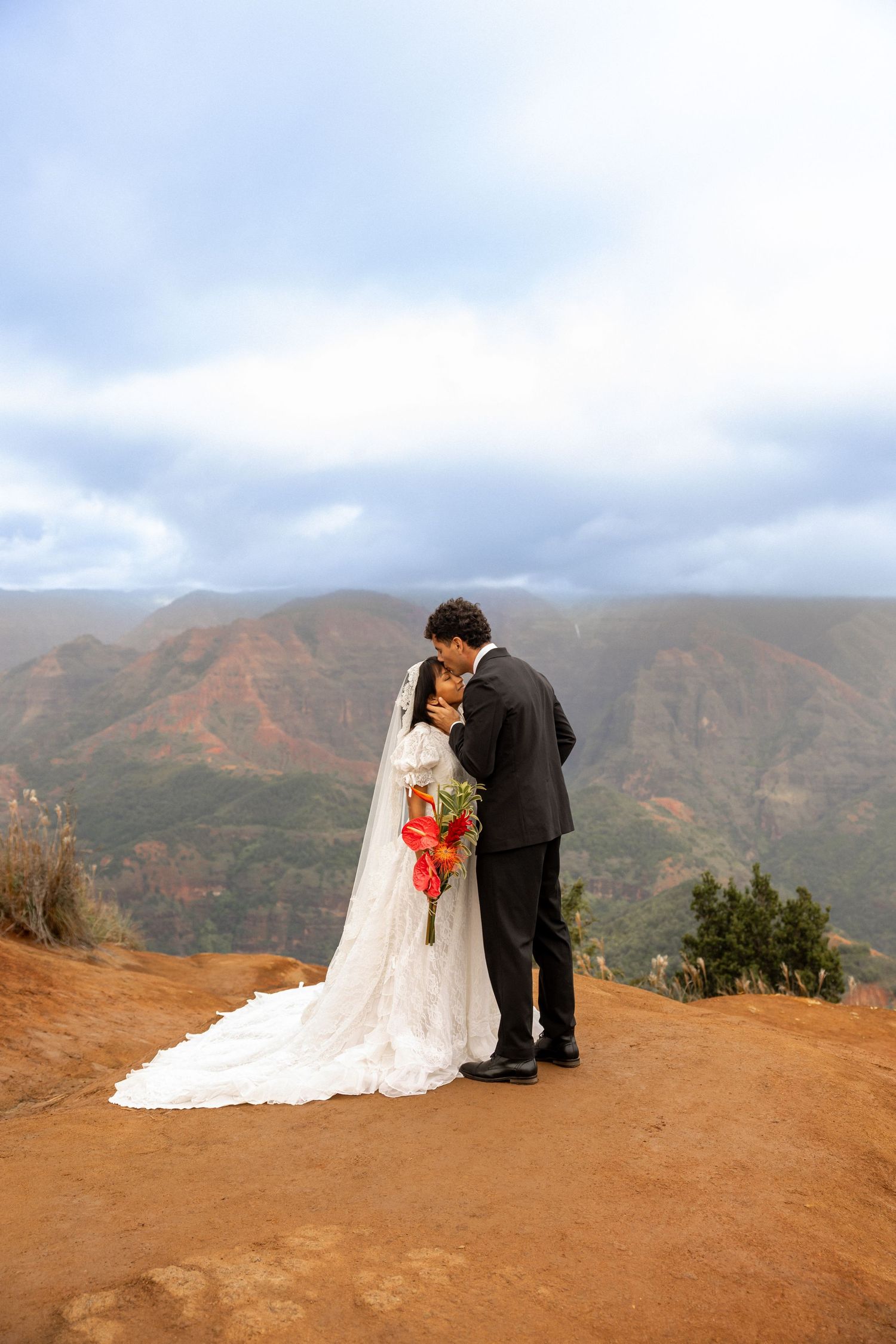 A wedding couple standing on a mountain overlook with dramatic red cliffs in the background.