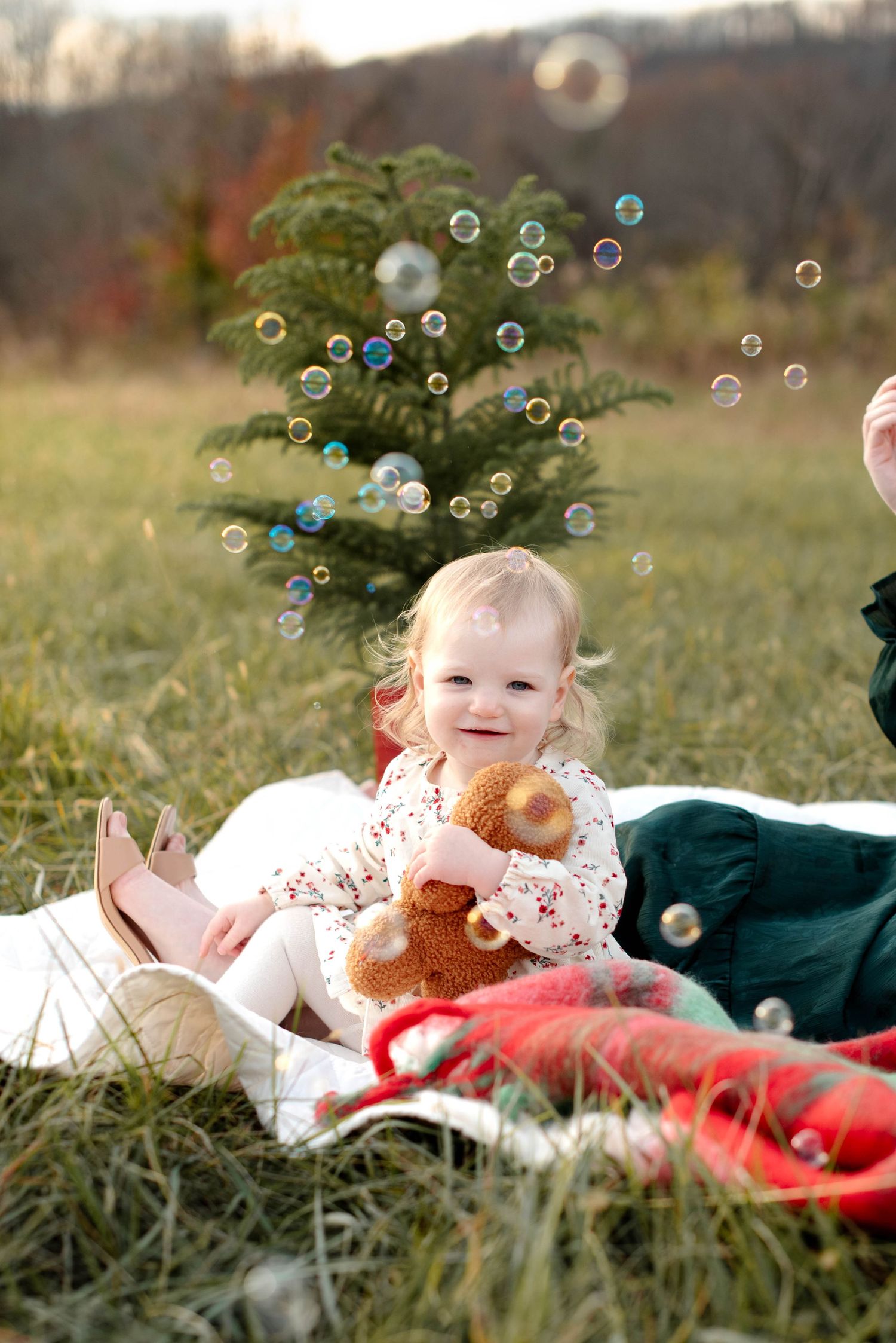 Baby on blanket in a field looking at bubbles during a lifestyle session