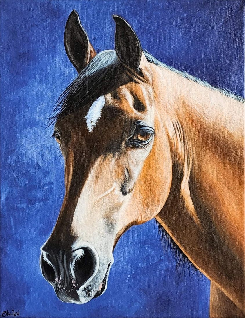 Acrylic painting of a majestic bay Arabian horse with a white star against a deep blue background.