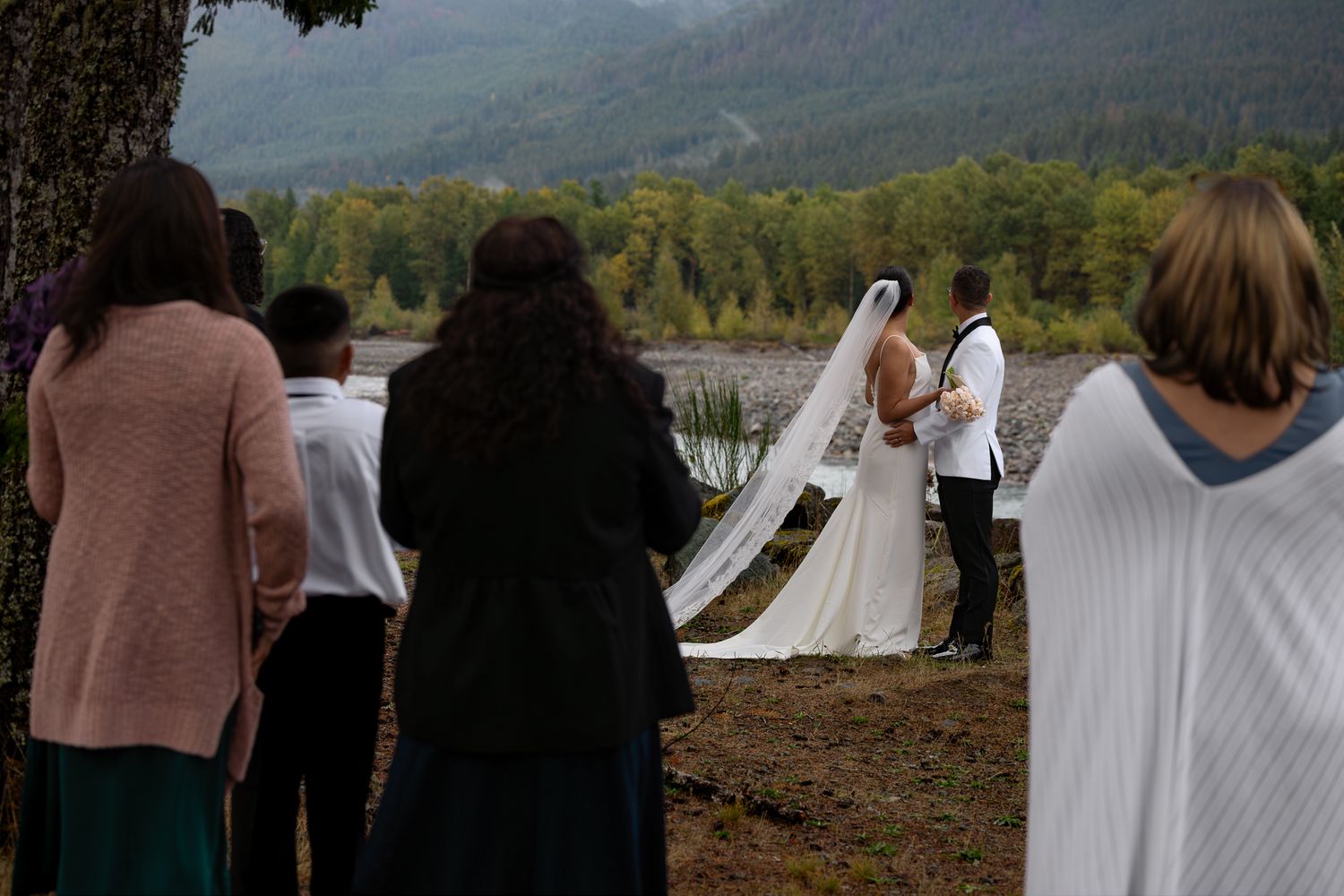 Perspective of the bride and groom in the moody PNW environment from behind their guests in the foreground. Everyone looks toward the view.