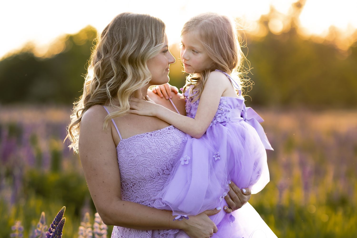 Mom holds her daughter in a field of purple lupine with the sun setting behind them during a family session in Puyallup, Washington.