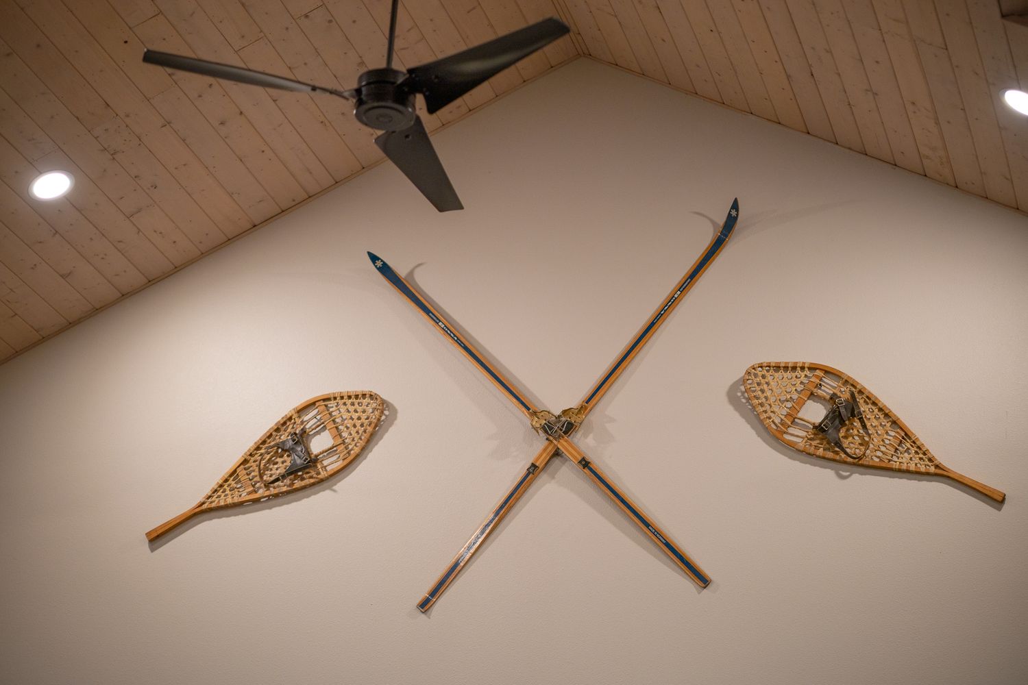 Winter sport-themed decor hanging in an airbnb in Ashford, Washington which hosts guests of Mount Rainier National Park.