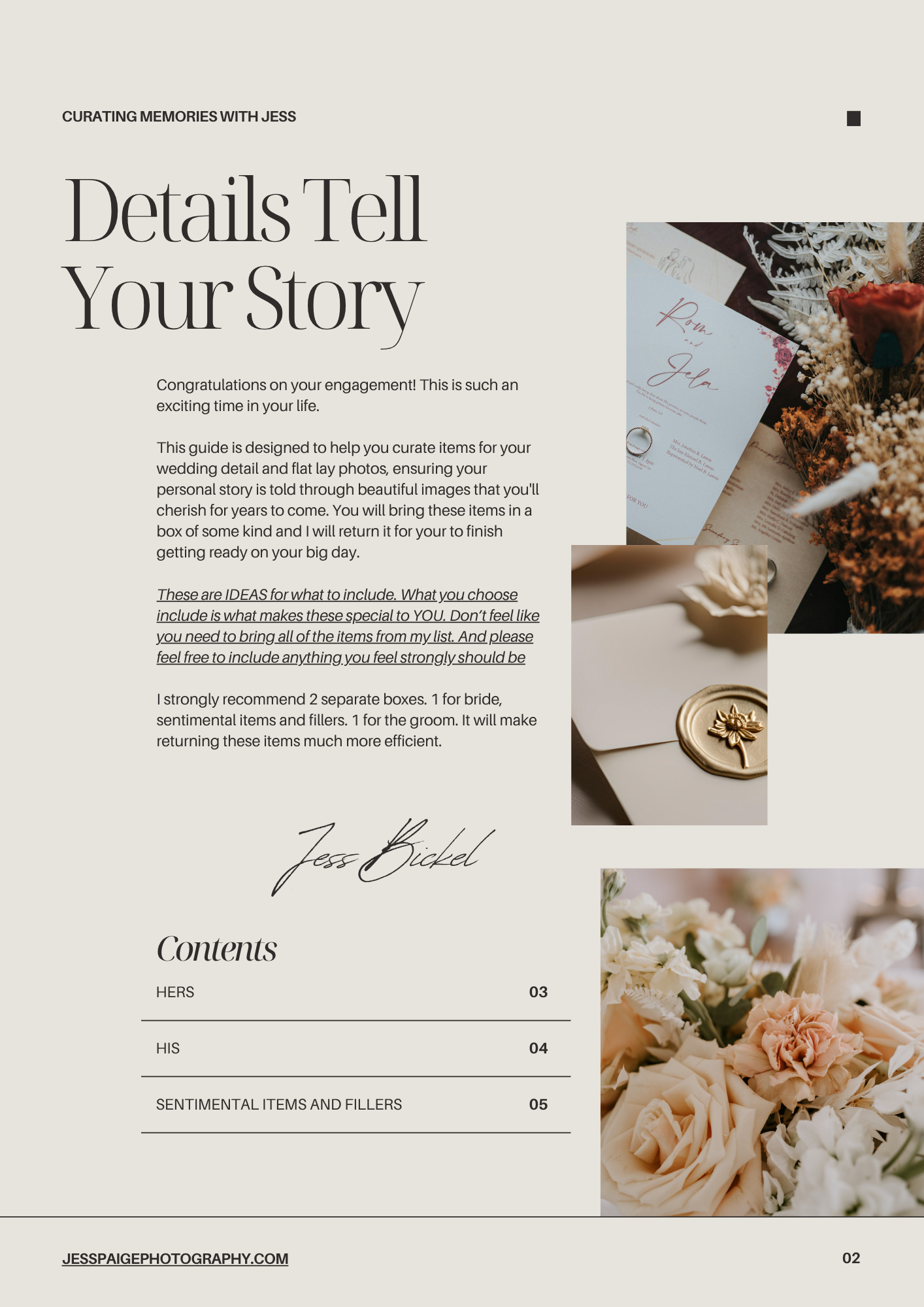 Detailed guide for what to include in your details box for your wedding photographer to use for flat lays.