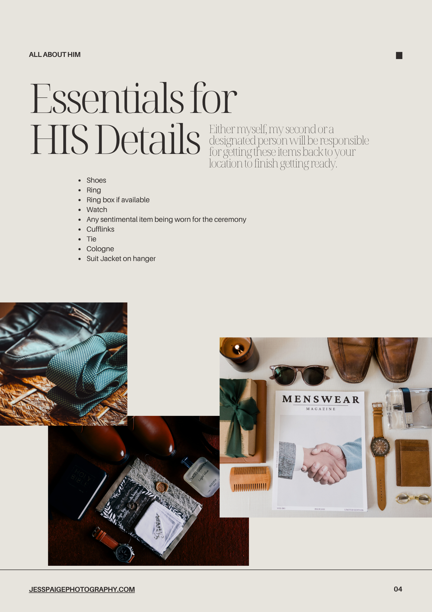 Detailed guide for the groom to include in your details box for your wedding photographer to use for flat lays.