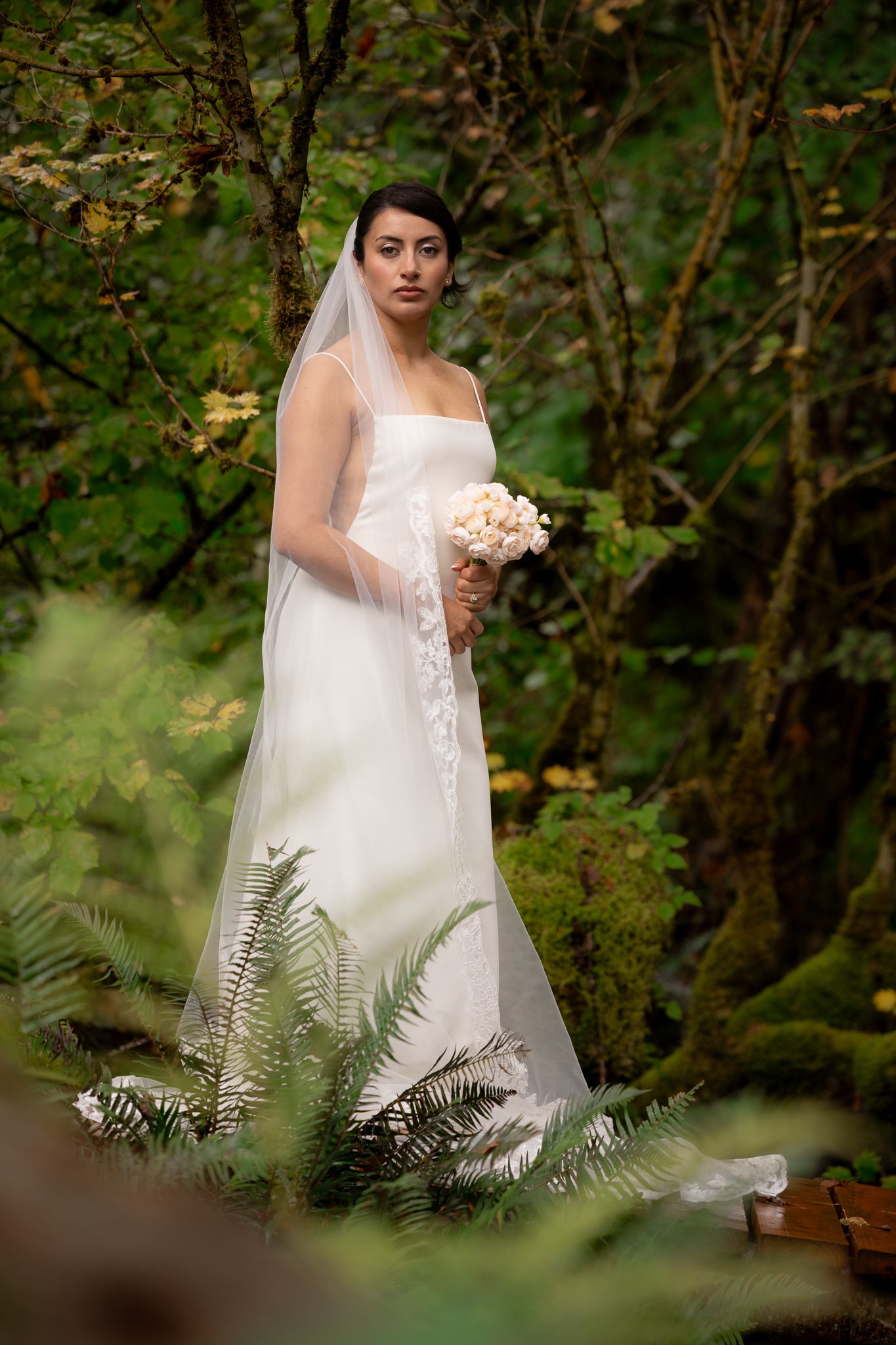 Formal bridal portraits in nature, surrounded by ferns and lush green forest. Edited with clean contrast and creamy blacks for moody drama.