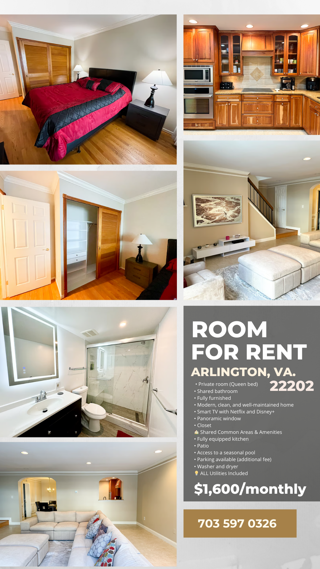 Rental listing collage showing various rooms and amenities of an apartment in Arlington, VA.
