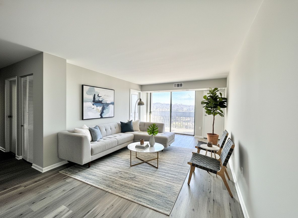 Spacious modern living area with grey flooring and white walls showcasing minimalist design.