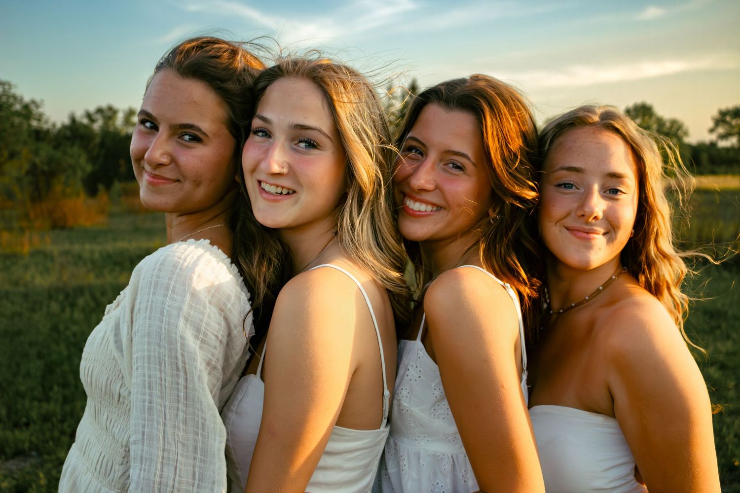 four female friends posing in a field at sunset