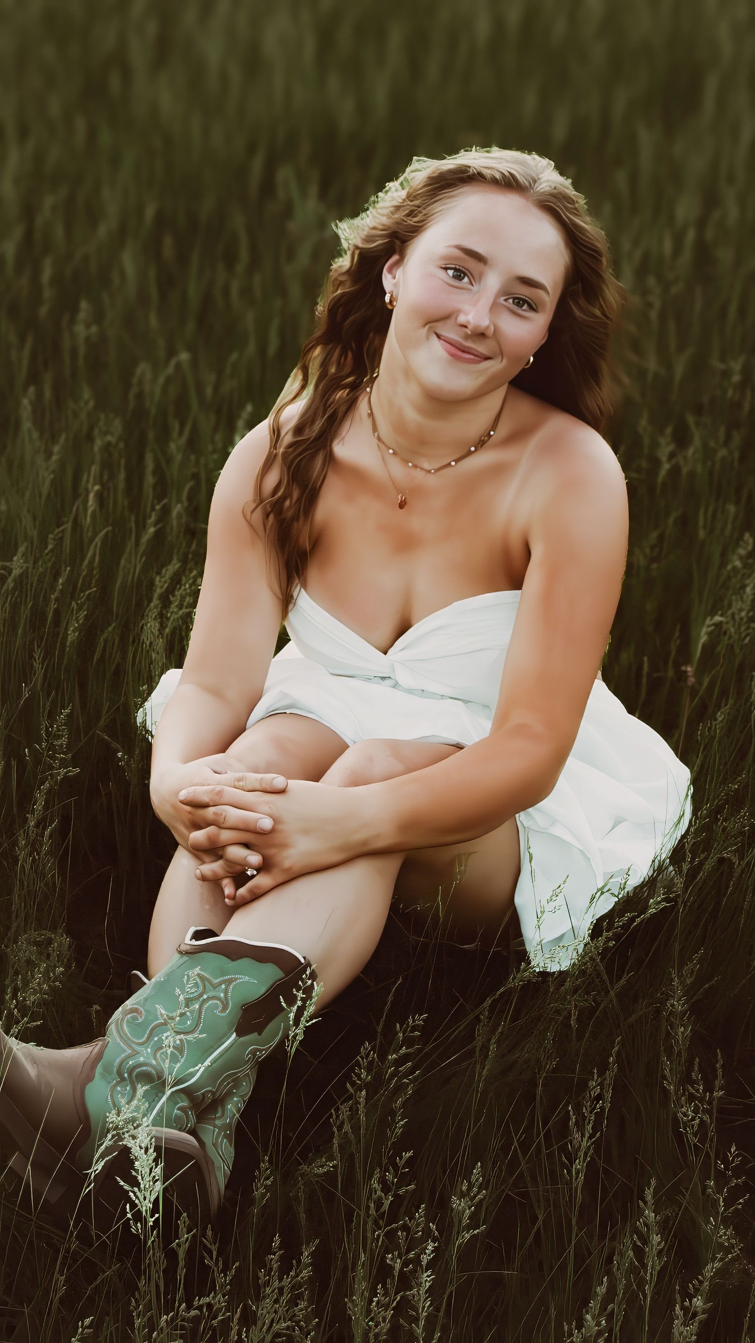young woman posing in a field at sunset