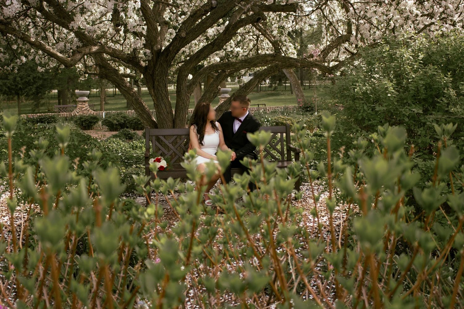 couple posing in a garden