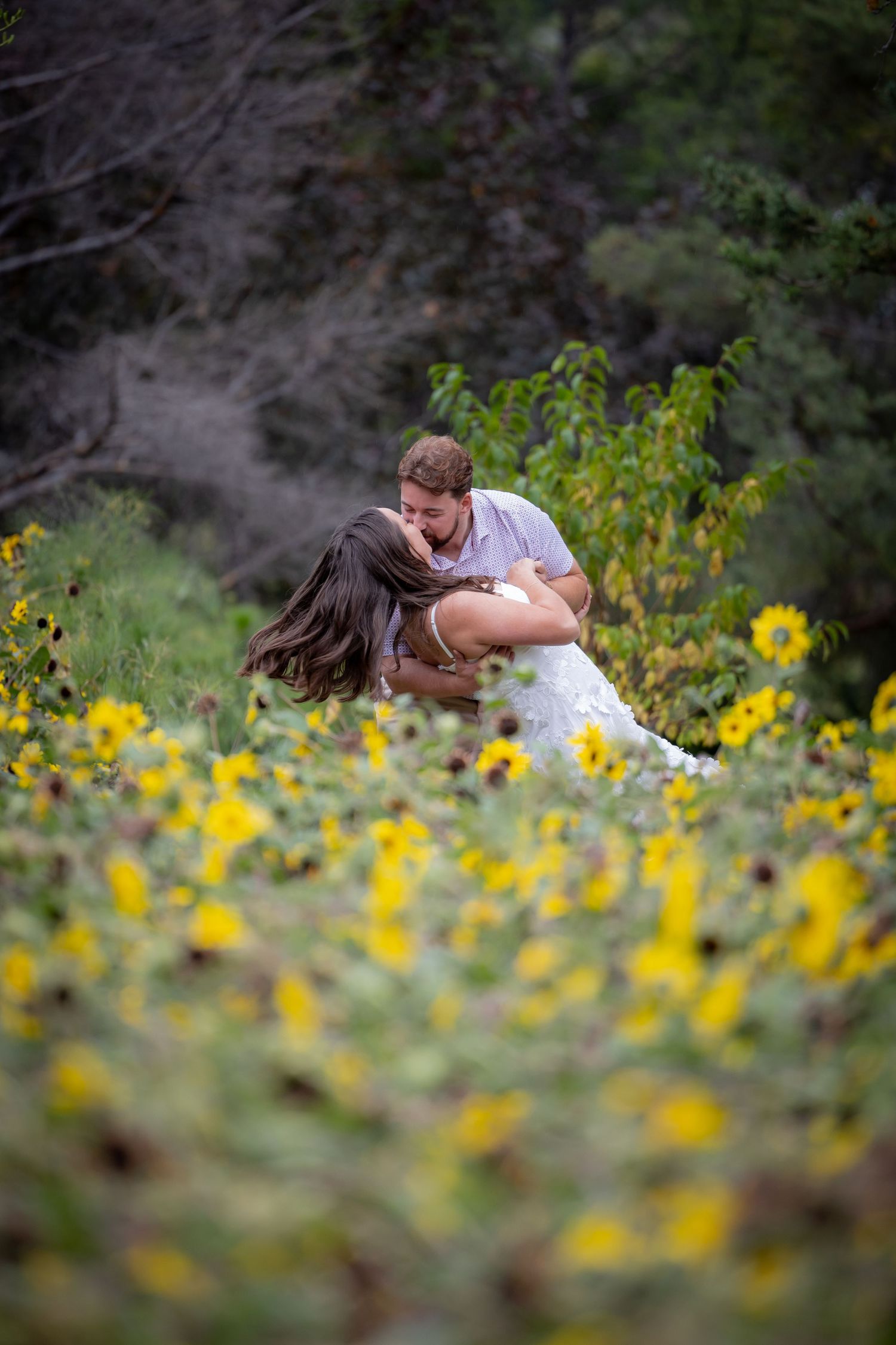 Couple sharing a romantic dip kiss surrounded by blooming yellow sunflowers in a field.