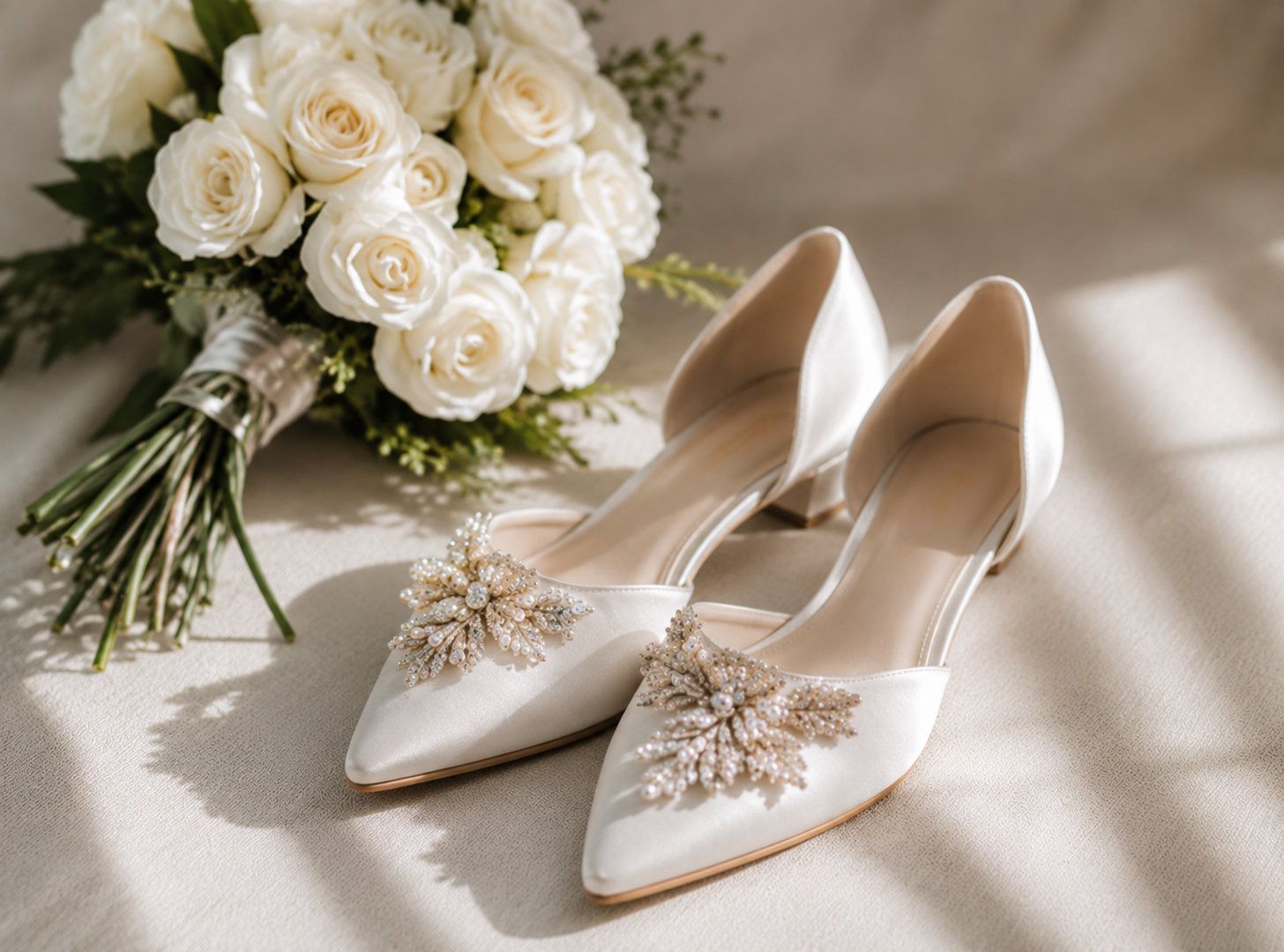 Elegant white satin bridal heels with crystal embellishments displayed beside a bouquet of white roses.