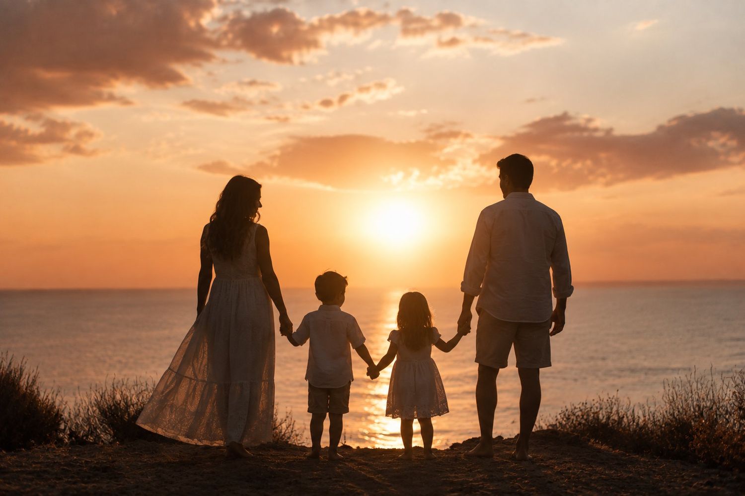 Silhouette of a family holding hands watching a golden sunset over the ocean.