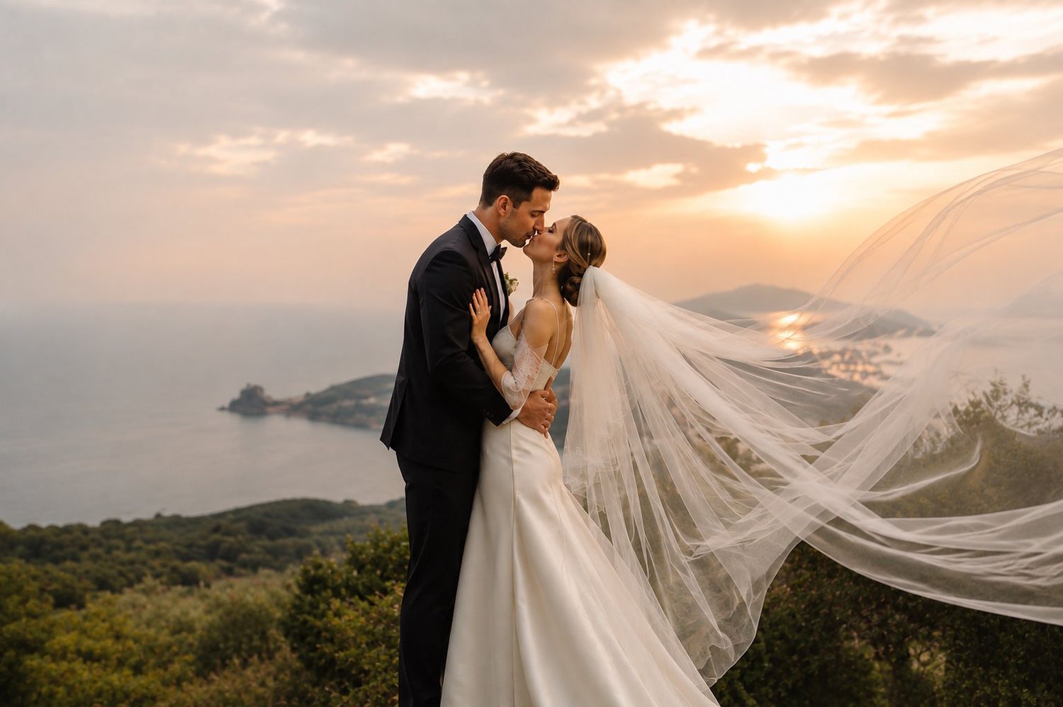 A bride and groom share a romantic kiss at sunset with a stunning coastal landscape and flowing veil behind them.