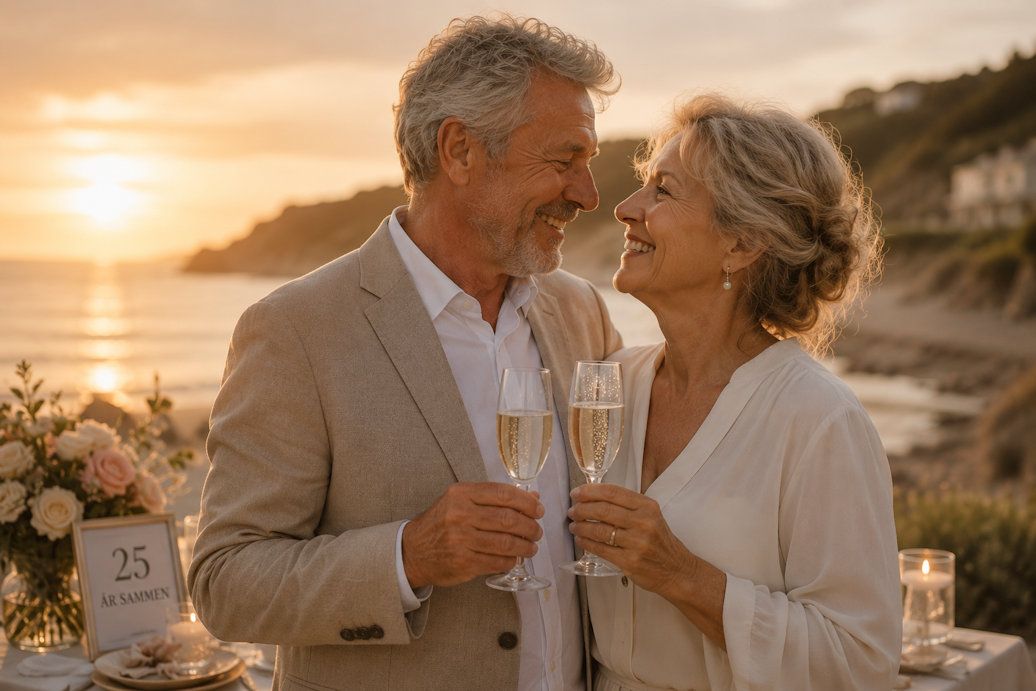 Older couple toasting champagne at sunset beach dinner celebrating 25th wedding anniversary.
