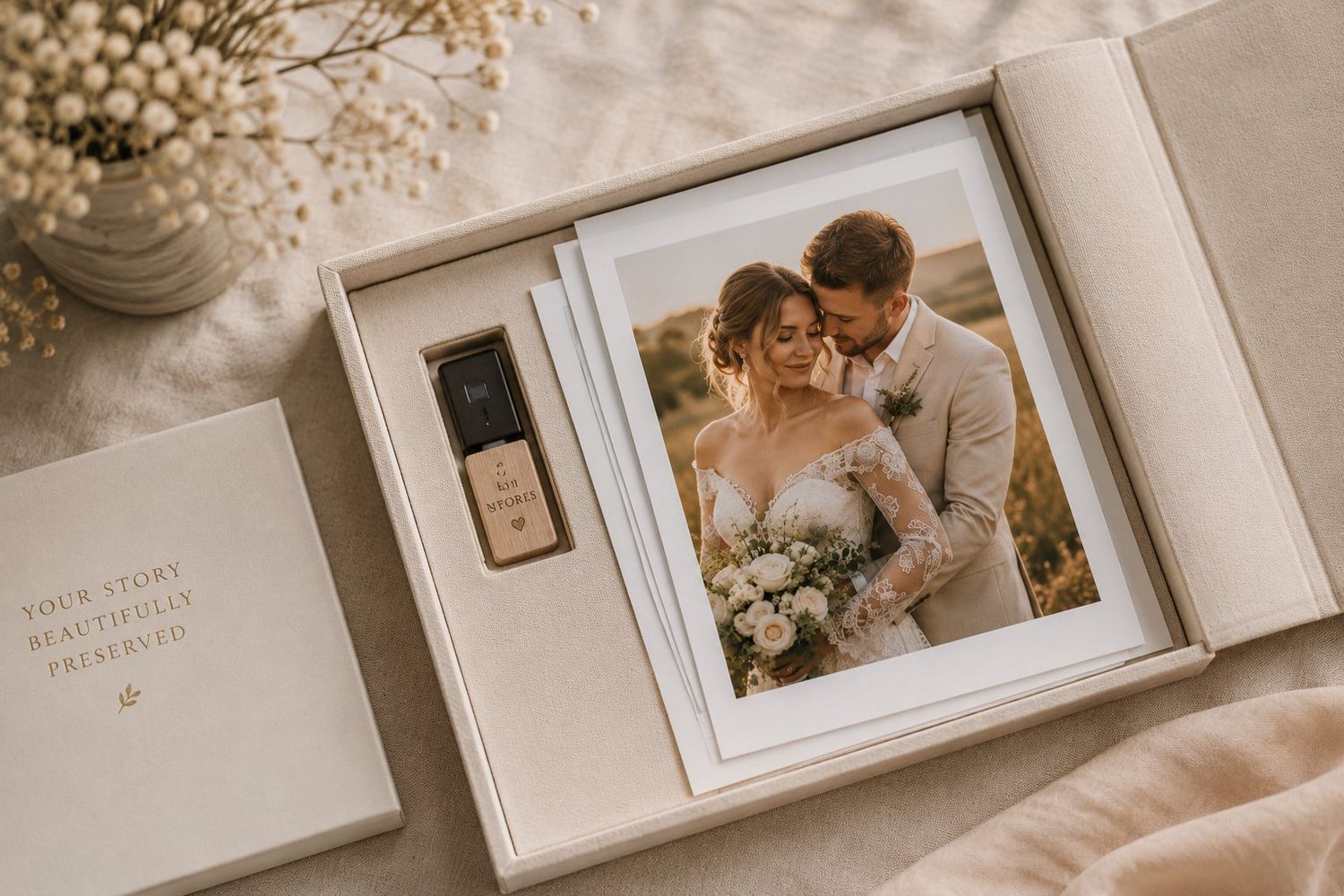 Elegant wedding photo box with printed couple portrait and USB drive.