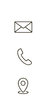 Minimalist line icons of envelope, phone handset, and location pin on white background.