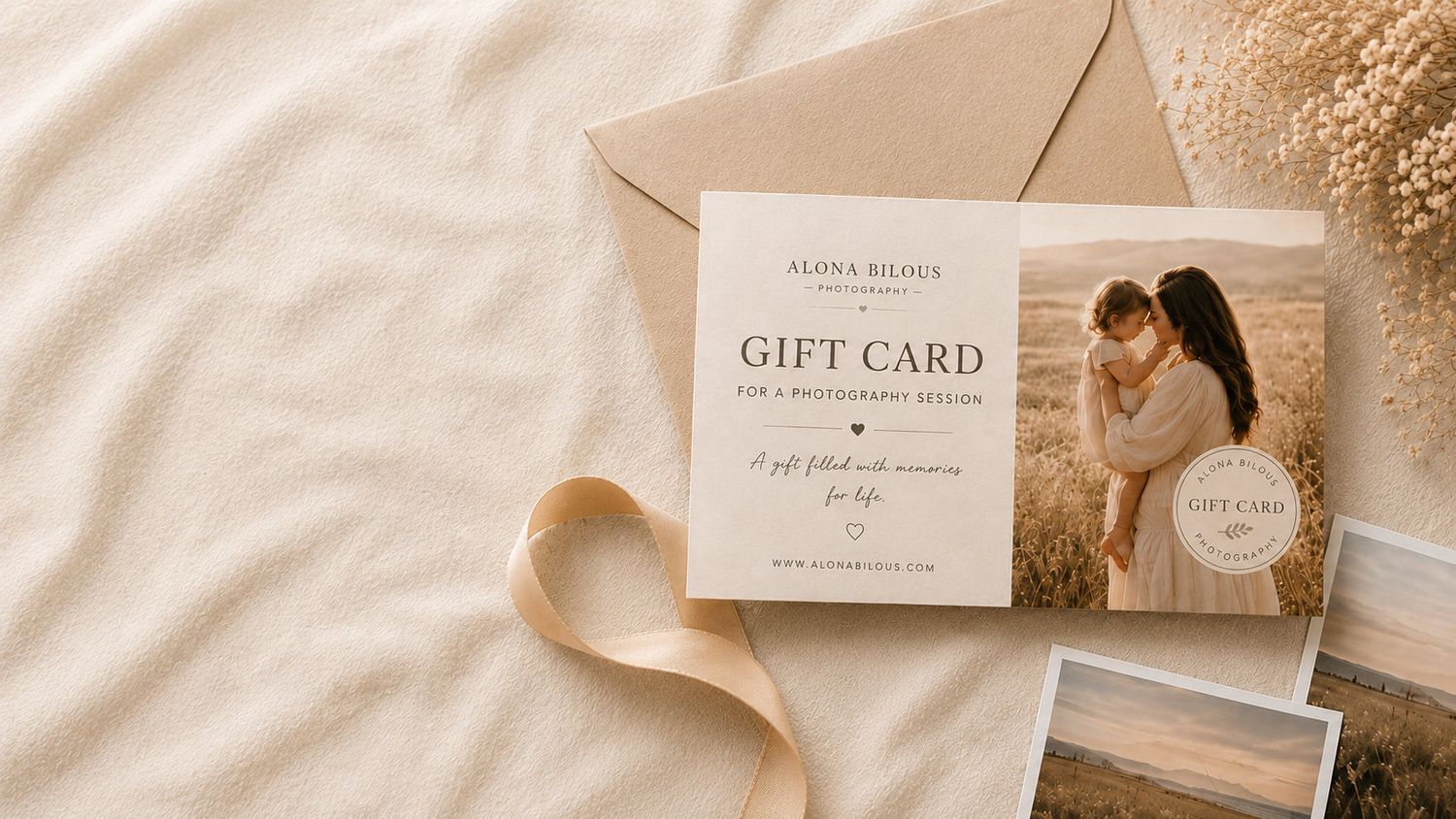 Elegant photography gift card template with envelope, ribbon, and a mother-child photo on a neutral background.
