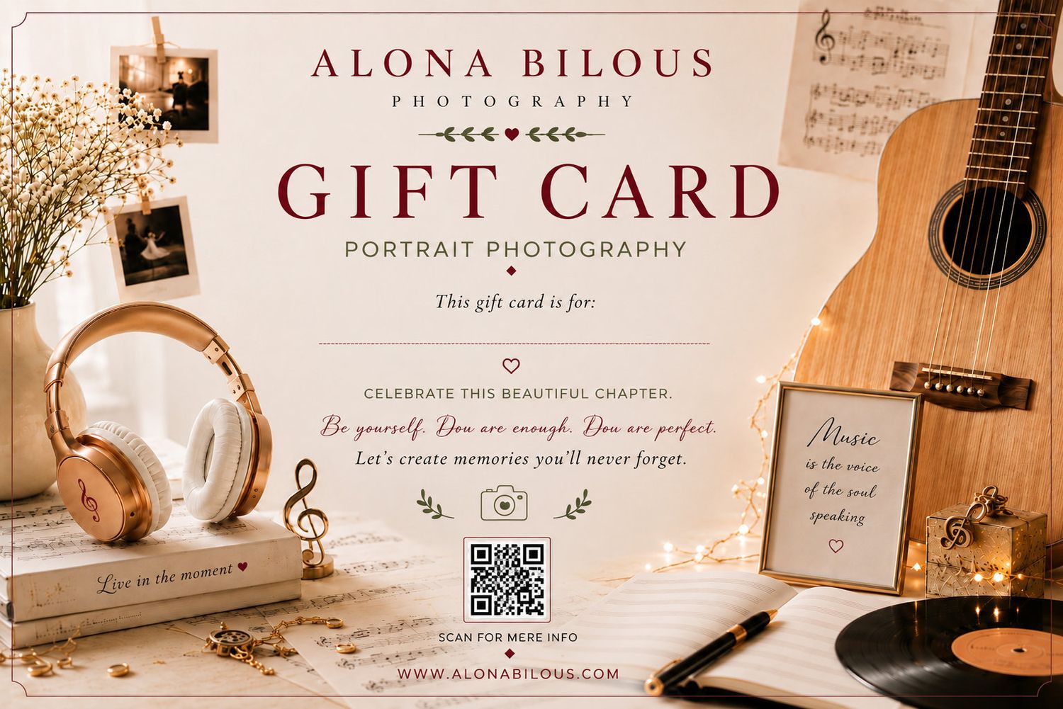 Alona Bilous Photography gift card for portrait photography sessions, featuring elegant design with guitar, headphones, and music notes.
