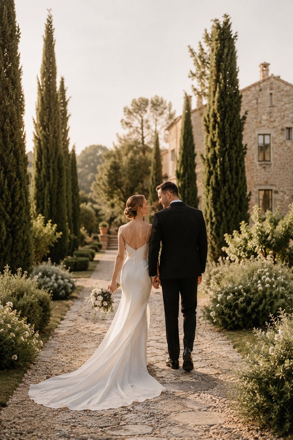 A bride and groom walk hand in hand through a Tuscan villa garden lined with tall cypress trees at golden hour.