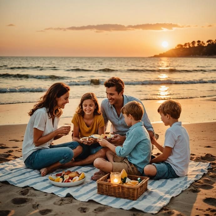 Family of five enjoying a beach picnic at sunset with fruit and a basket.